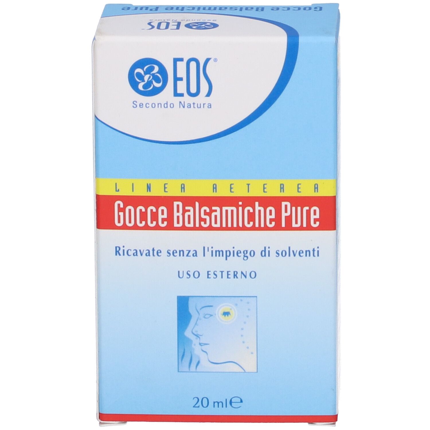 Confezione del prodotto: scatola blu. Testo: Gocce Balsamiche Pure, 20ml, logo EOS.