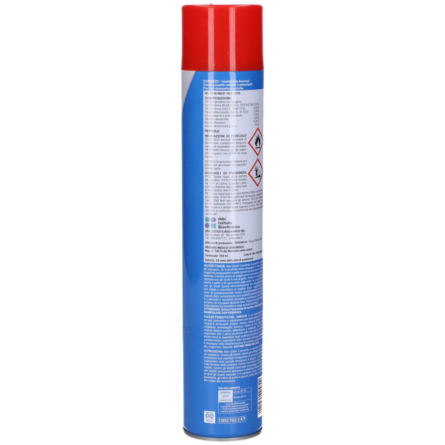 Bomboletta spray con tappo rosso. Etichette blu e bianche con testo e simboli di avvertimento. Informazioni sul prodotto.