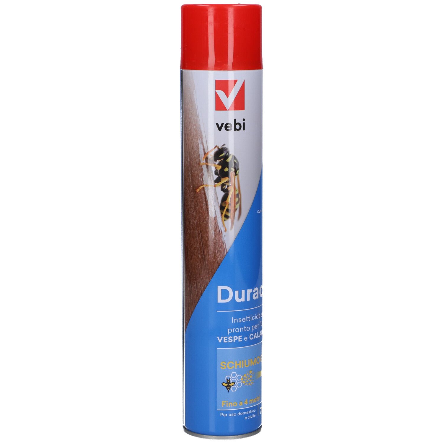 Bomboletta spray con tappo rosso. Etichette blu e bianche con nome del prodotto e immagine di vespa. Marchio: vebi.