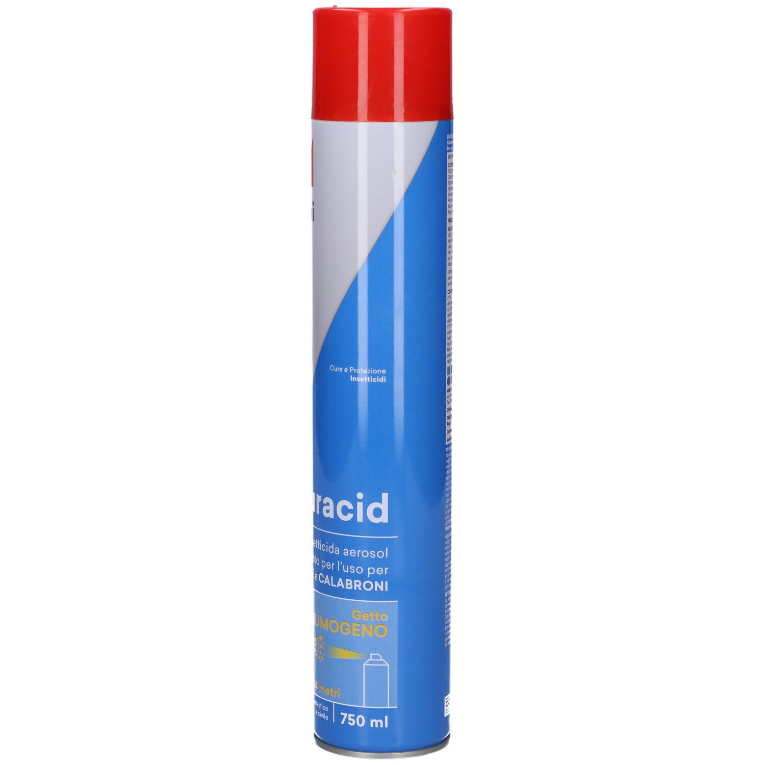Bomboletta spray con tappo rosso. Etichette blu e bianche con nome del prodotto. Indicazione del volume: 750 ml.