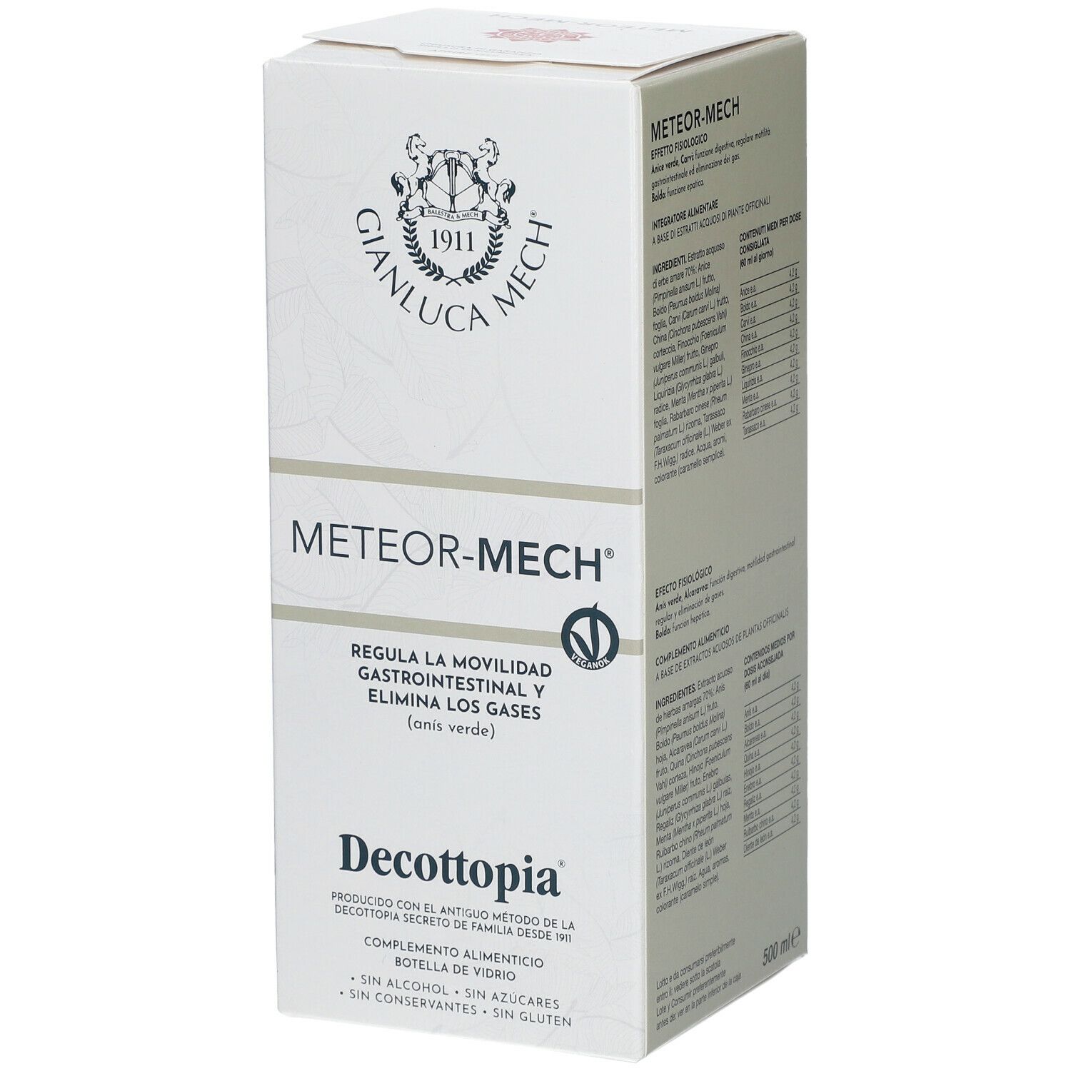 Scatola bianca con Meteor-Mech. Scritte: GIANLUCA MECH, Decottopia. Regola la motilità intestinale. Senza alcol, zuccheri, conservanti, glutine.
