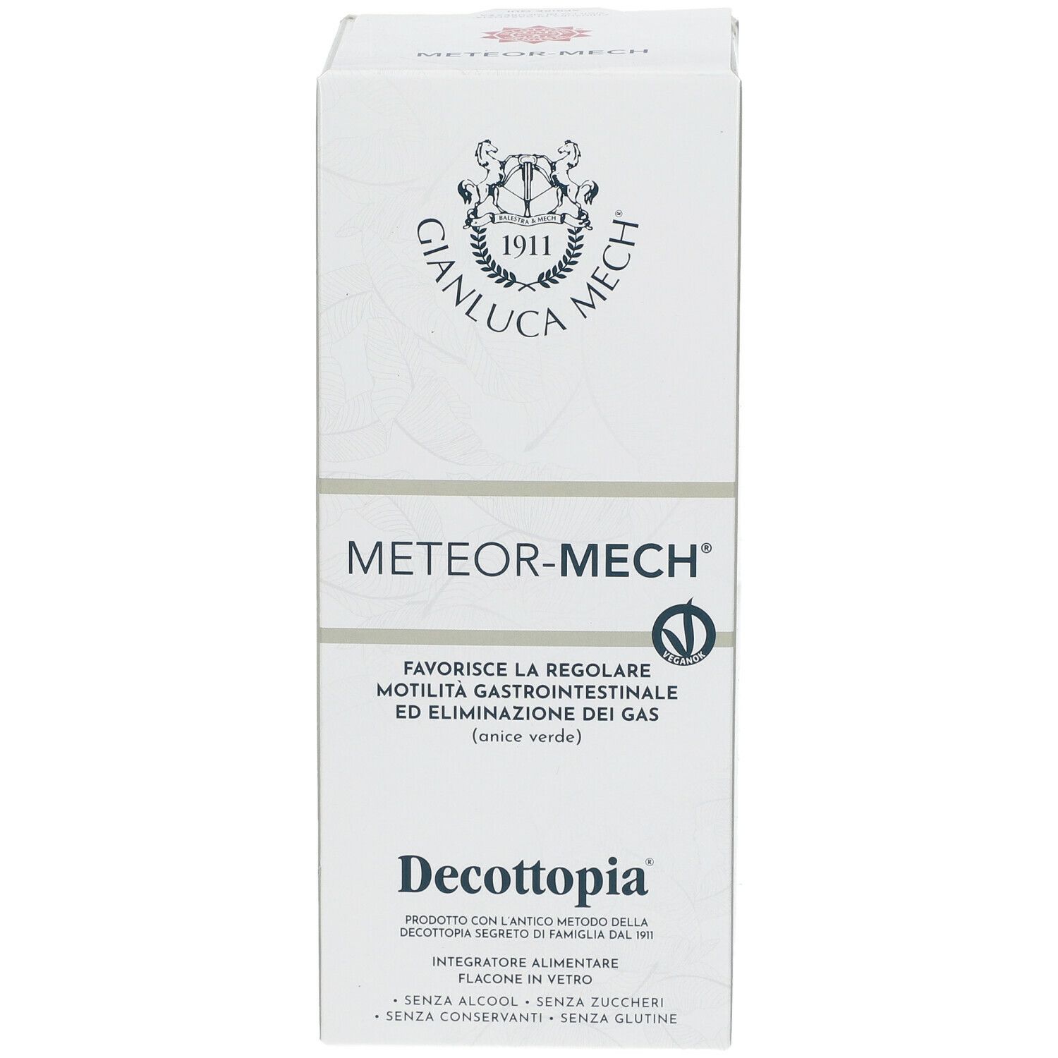 Scatola bianca con Meteor-Mech. Scritte: GIANLUCA MECH, Decottopia. Favorisce la motilità intestinale. Flacone in vetro. Senza alcol, zuccheri, conservanti, glutine.