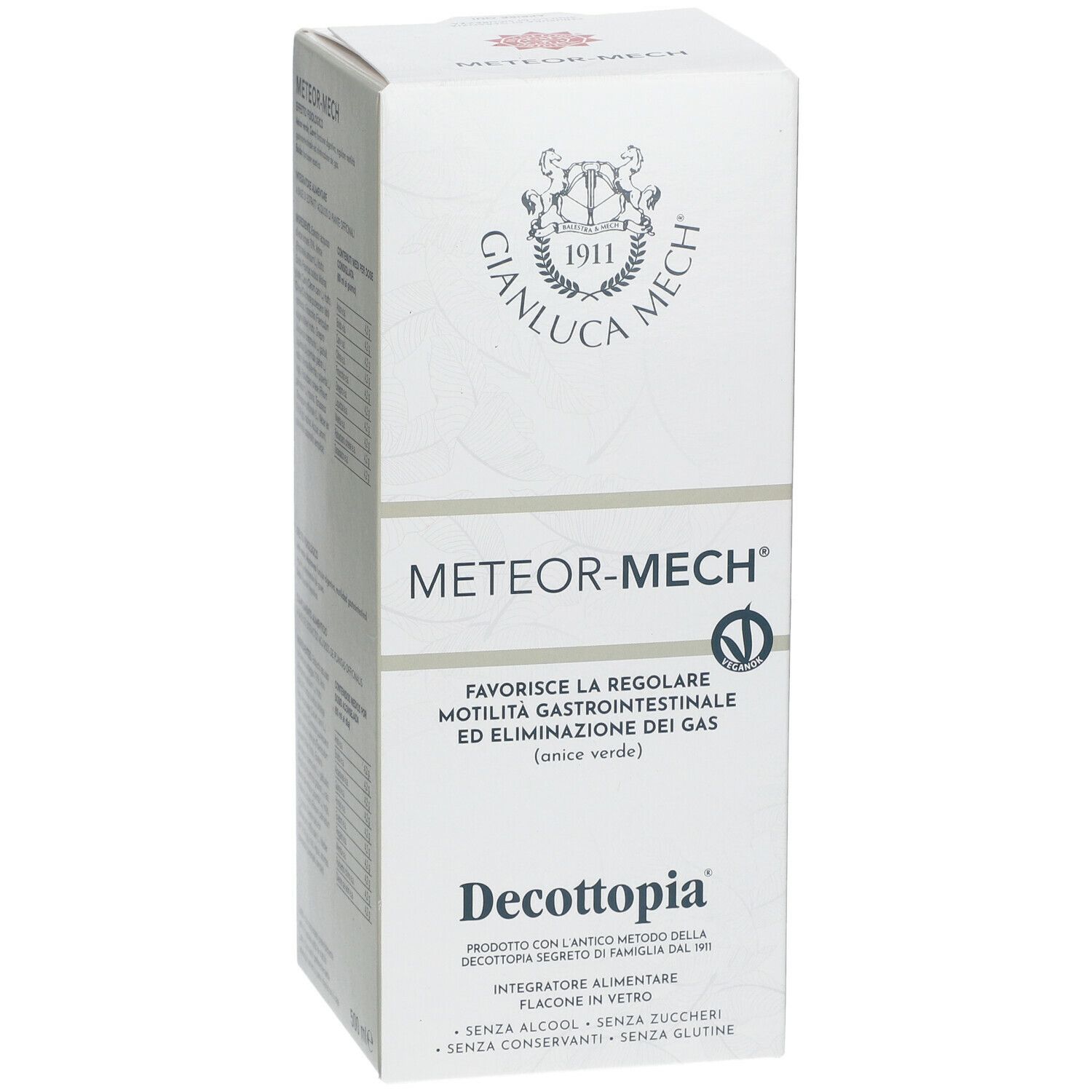Scatola bianca con Meteor-Mech. Scritte: GIANLUCA MECH, Decottopia. Favorisce la motilità intestinale. Flacone in vetro. Senza alcol, zuccheri, conservanti, glutine.