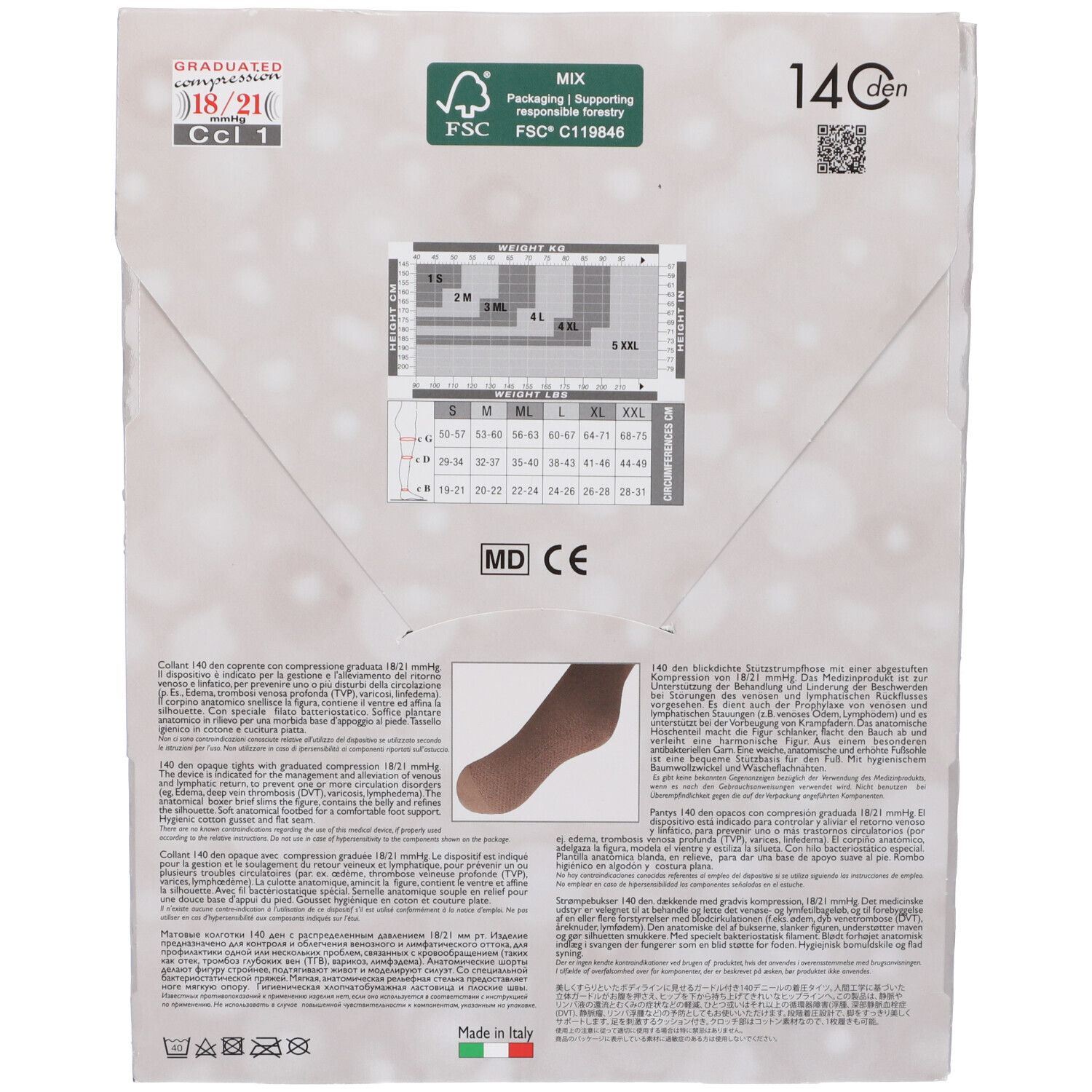 Retro della confezione. Contiene tabella taglie, informazioni sul prodotto e certificazioni.