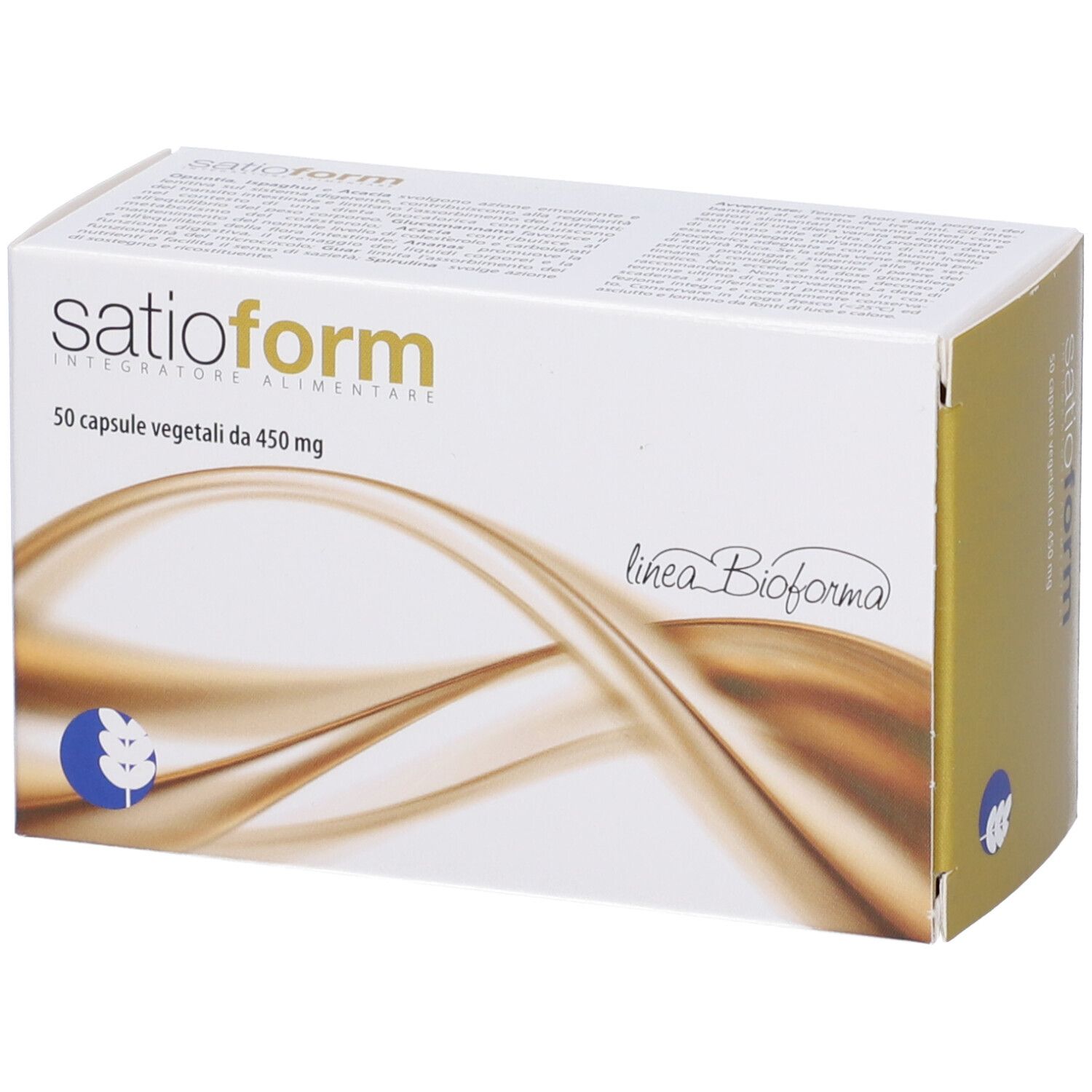 Confezione del prodotto. Testo: Satioform, 50 capsule vegetali da 450 mg. Logo: Linea Bioforma. La confezione è illustrata.