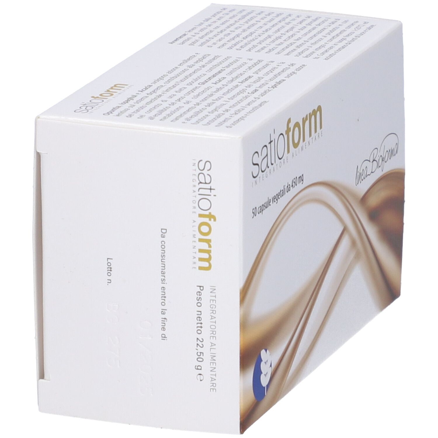Confezione del prodotto. Testo: Satioform, 50 capsule vegetali da 450 mg. Logo: Linea Bioforma. Confezione obliqua.