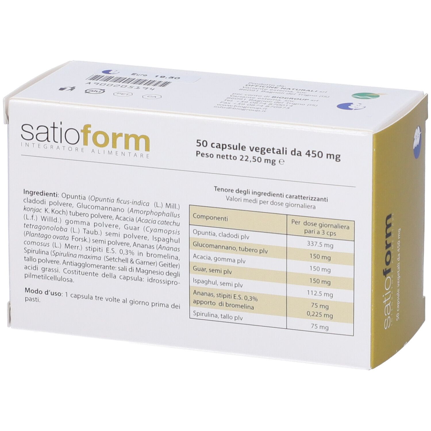 Confezione del prodotto. Testo: Satioform, 50 capsule vegetali da 450 mg. Logo: Linea Bioforma. Retro con ingredienti.