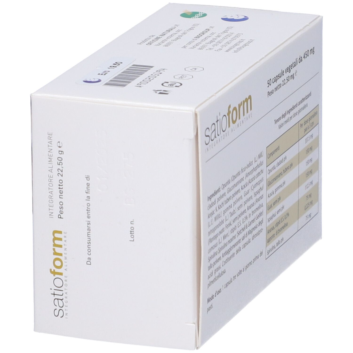 Confezione del prodotto. Testo: Satioform, 50 capsule vegetali da 450 mg. Logo: Linea Bioforma. Retro con ingredienti.