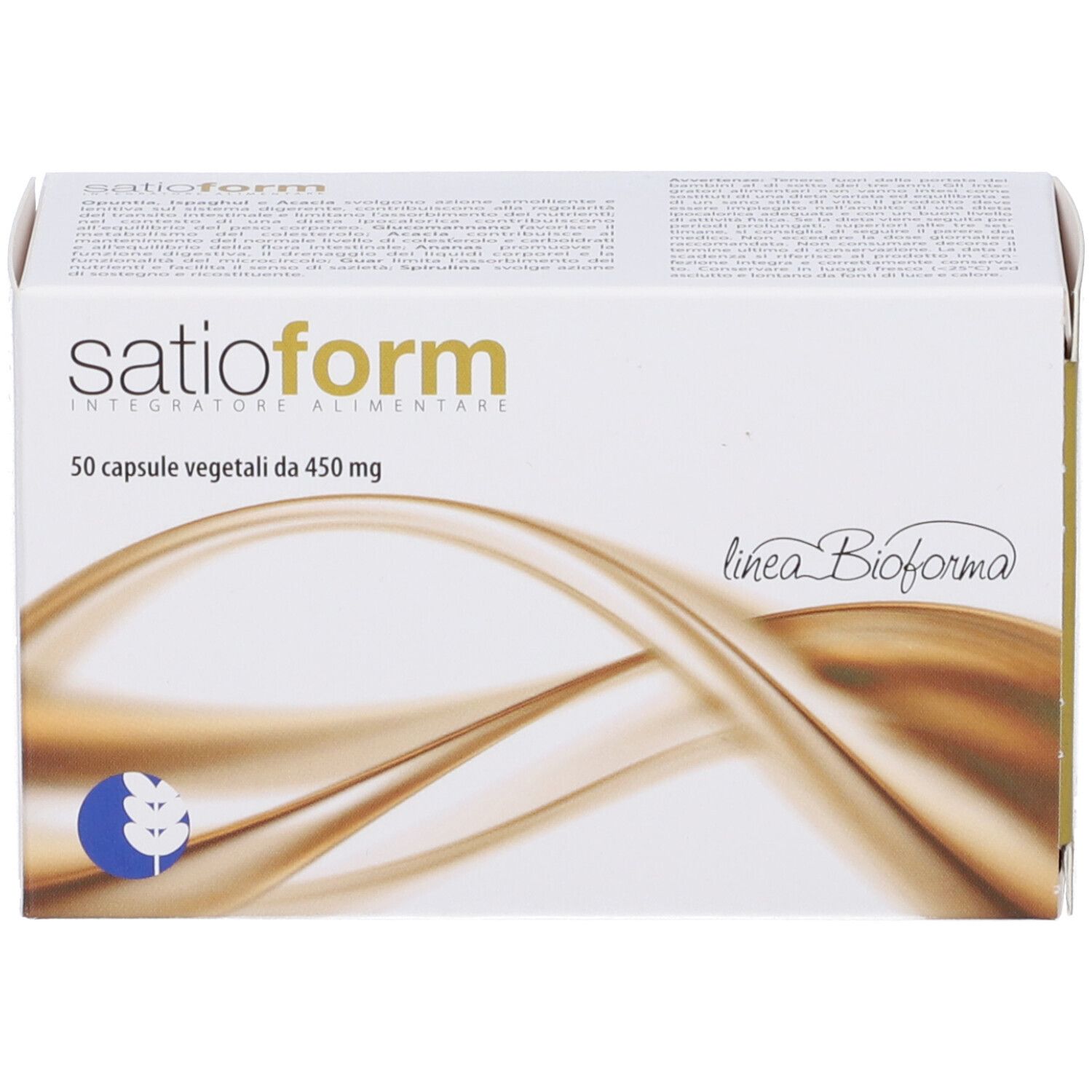 Scatola con stampa del prodotto. Testo: Satioform, 50 capsule vegetali da 450 mg. Logo: Linea Bioforma.