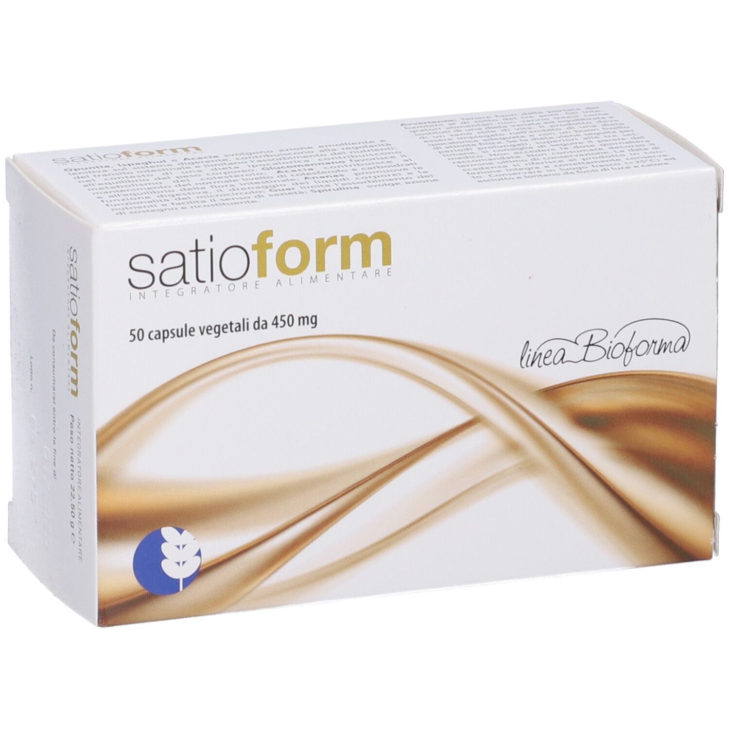 Scatola con stampa del prodotto. Testo: Satioform, 50 capsule vegetali da 450 mg. Logo: Linea Bioforma.