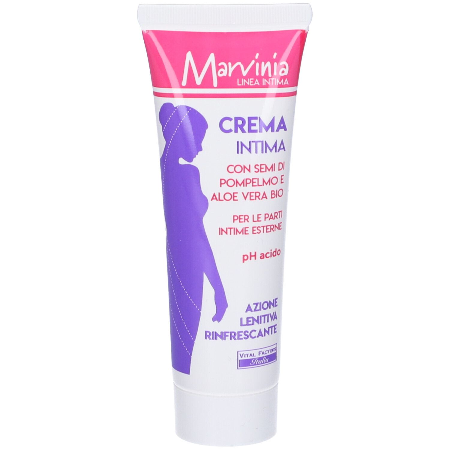 Tubo con nome e descrizione del prodotto. Testo: Crema intima con semi di pompelmo e aloe vera. pH acido.