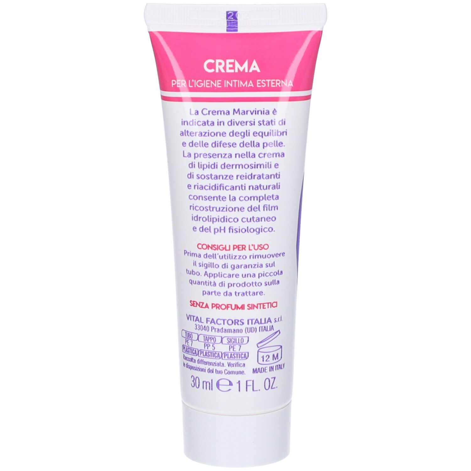Retro del tubo. Testo: Crema per l'igiene intima esterna. Istruzioni per l'uso. 30 ml. Senza profumi sintetici.