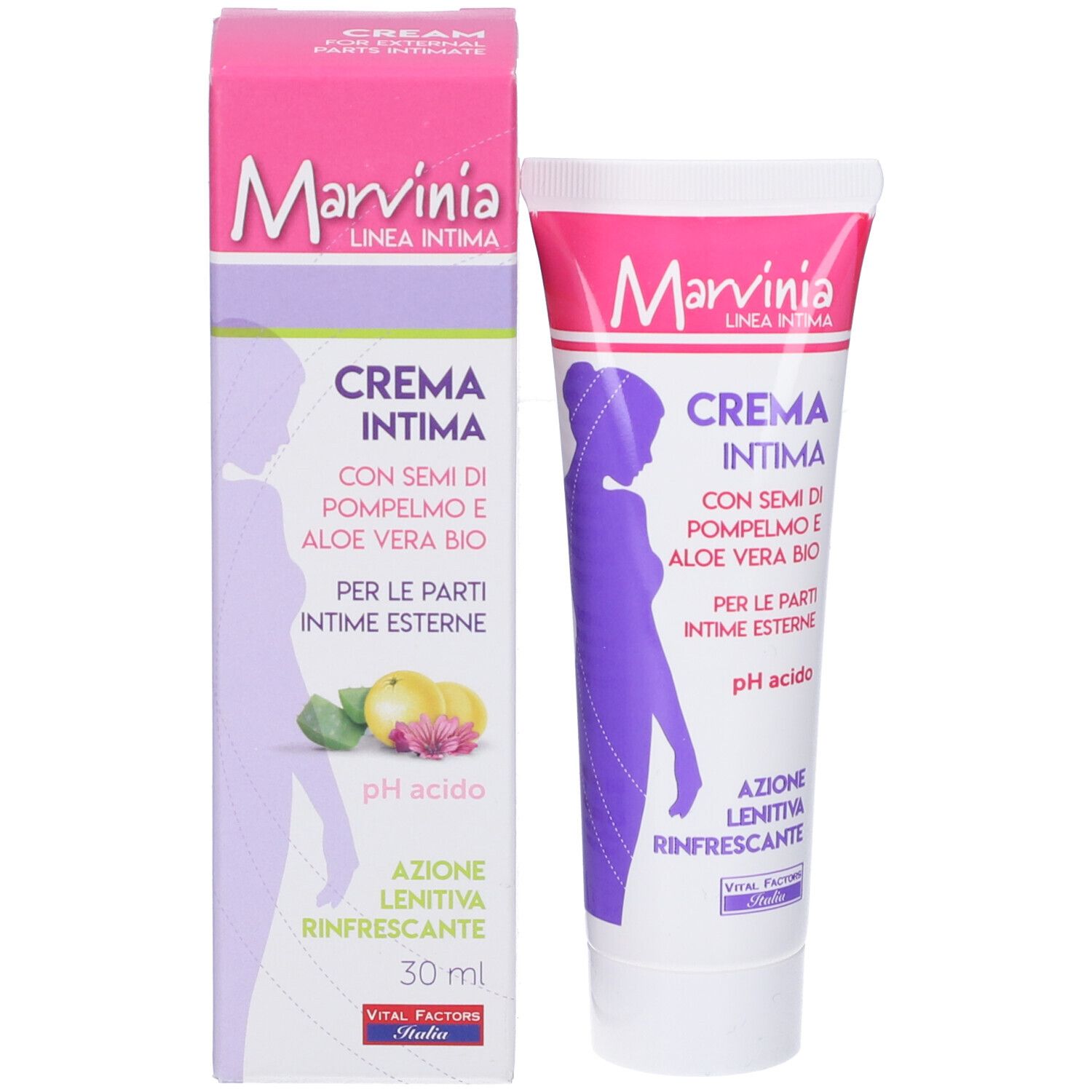 Confezione del prodotto. Scatola e tubo. Testo: Crema intima con semi di pompelmo e aloe vera. pH acido. 30 ml.