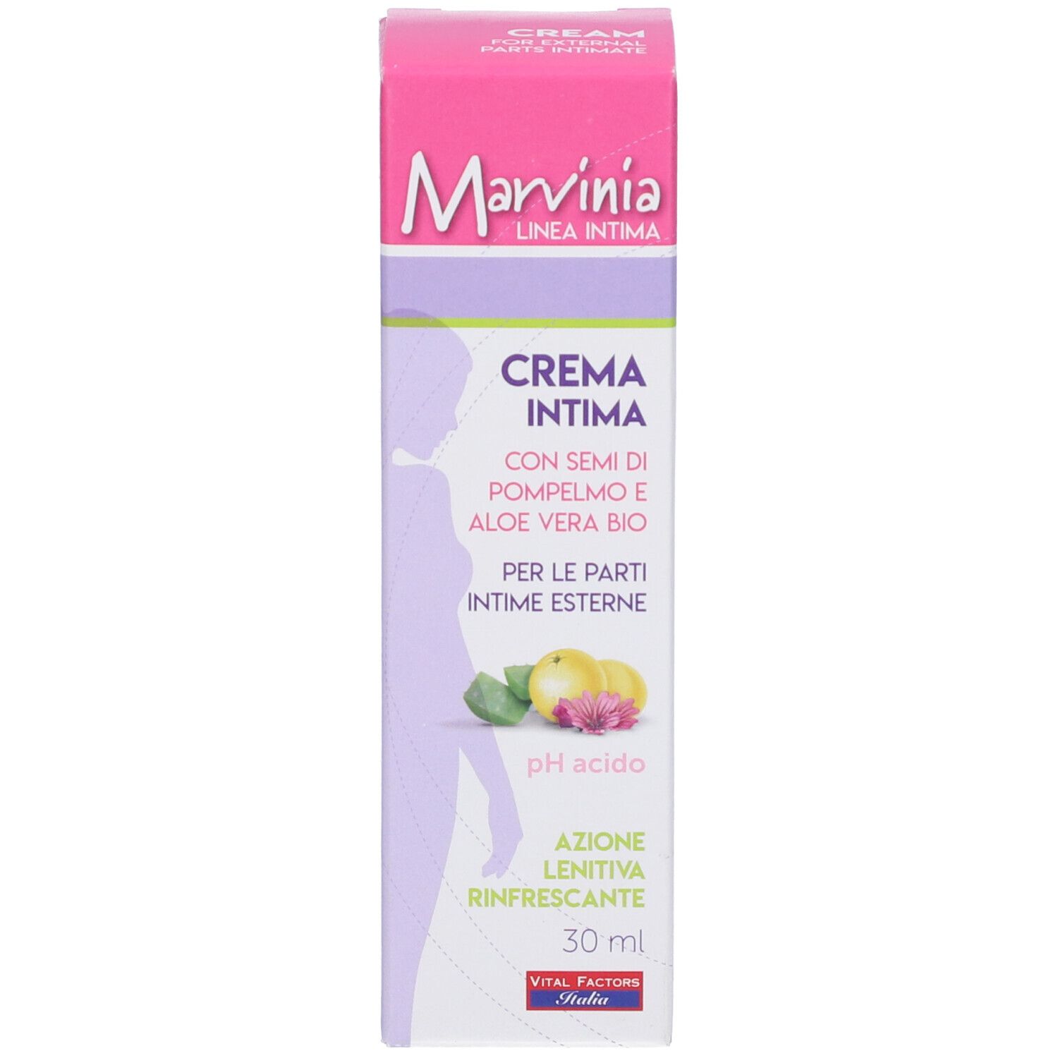 Confezione del prodotto. Scatola. Testo: Crema intima con semi di pompelmo e aloe vera. pH acido. 30 ml.