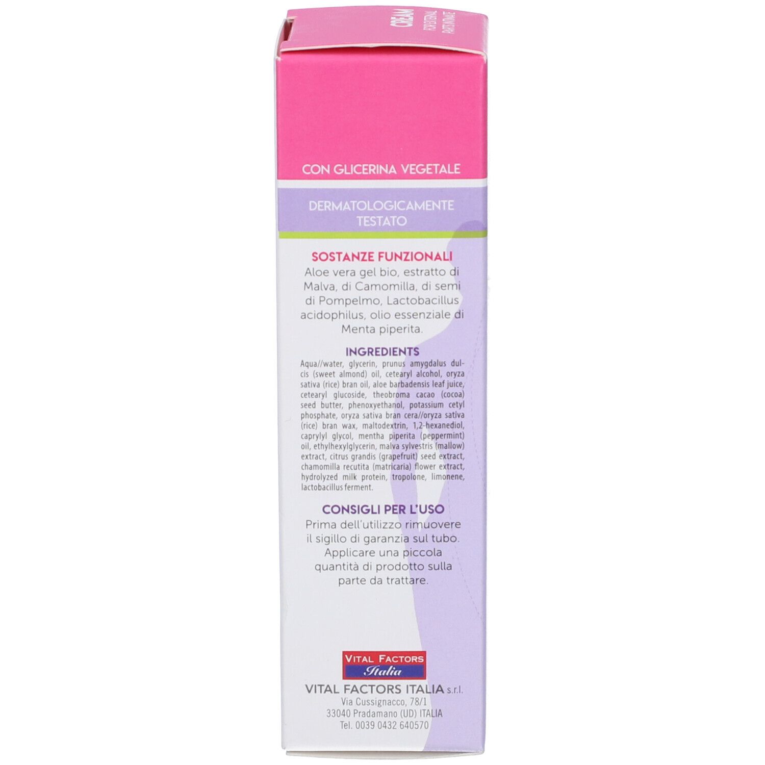 Retro della scatola. Testo: Ingredienti, istruzioni per l'uso. Dermatologicamente testato. 30 ml.