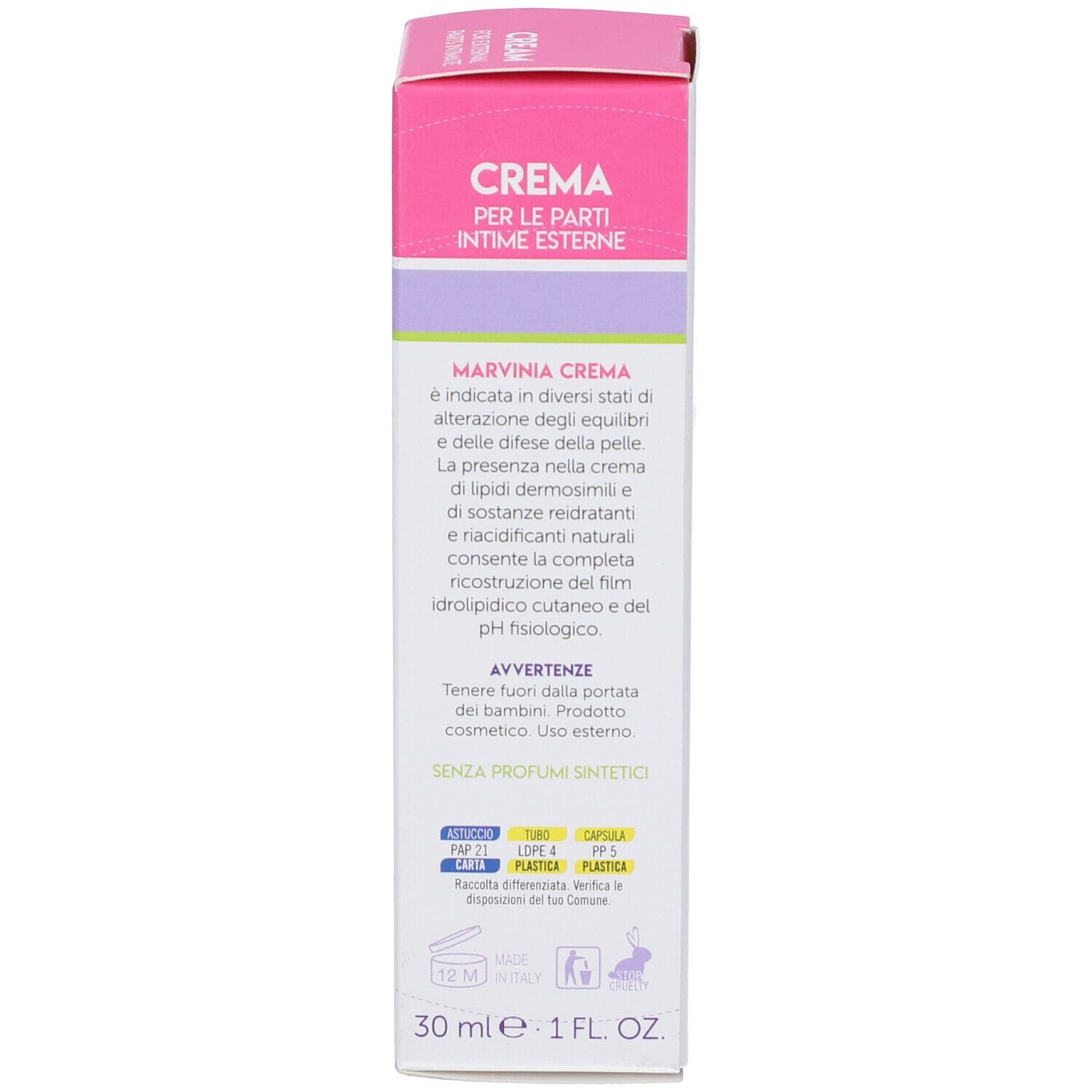 Lato della scatola. Testo: Crema per l'igiene intima esterna. 30 ml. Senza profumi sintetici. Eco-label.