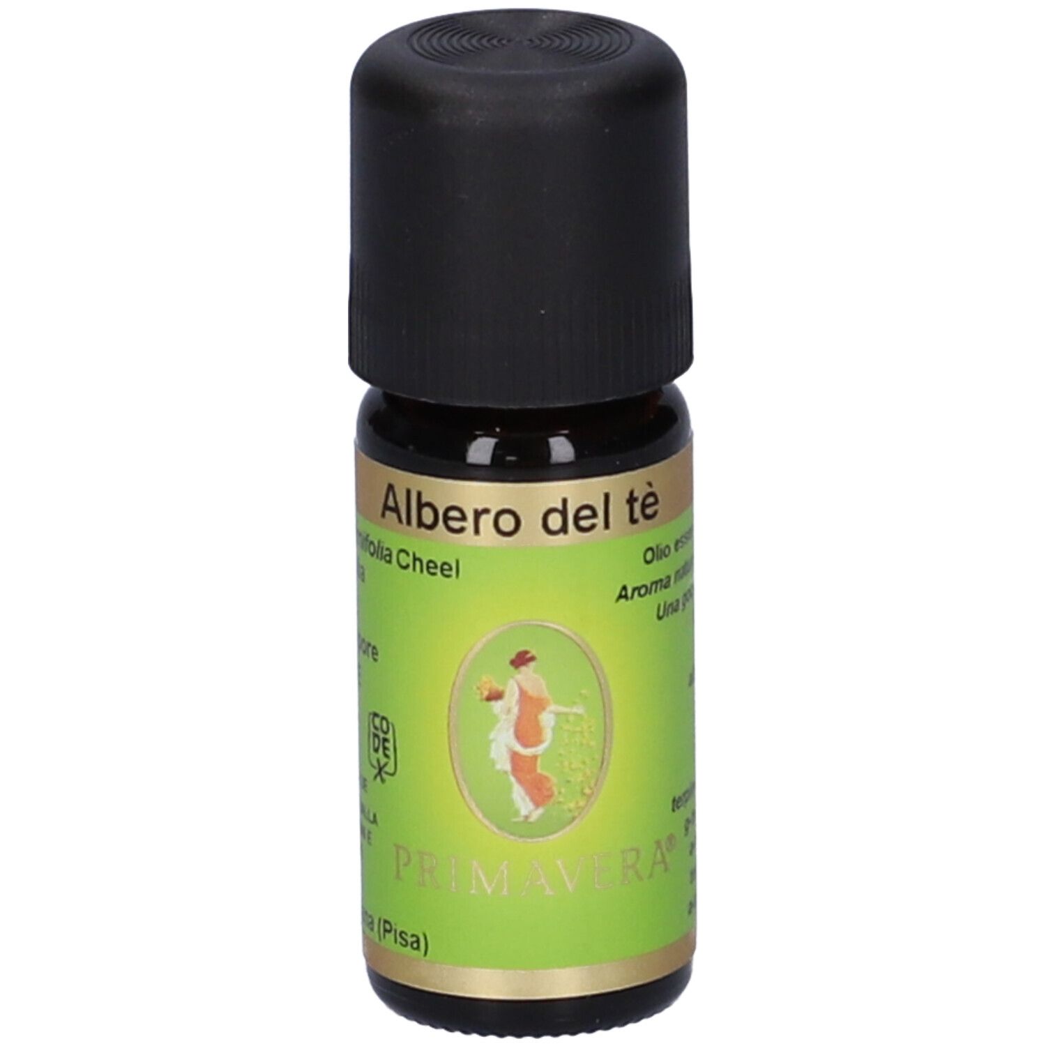 Flacone di vetro marrone con tappo nero ed etichetta verde. Scritta: Albero del tè, Primavera. Con logo.