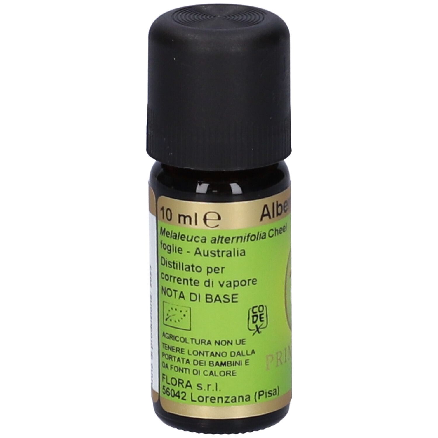 Flacone di vetro marrone con tappo nero ed etichetta verde. Scritta: 10 ml, Melaleuca alternifolia. Con logo.