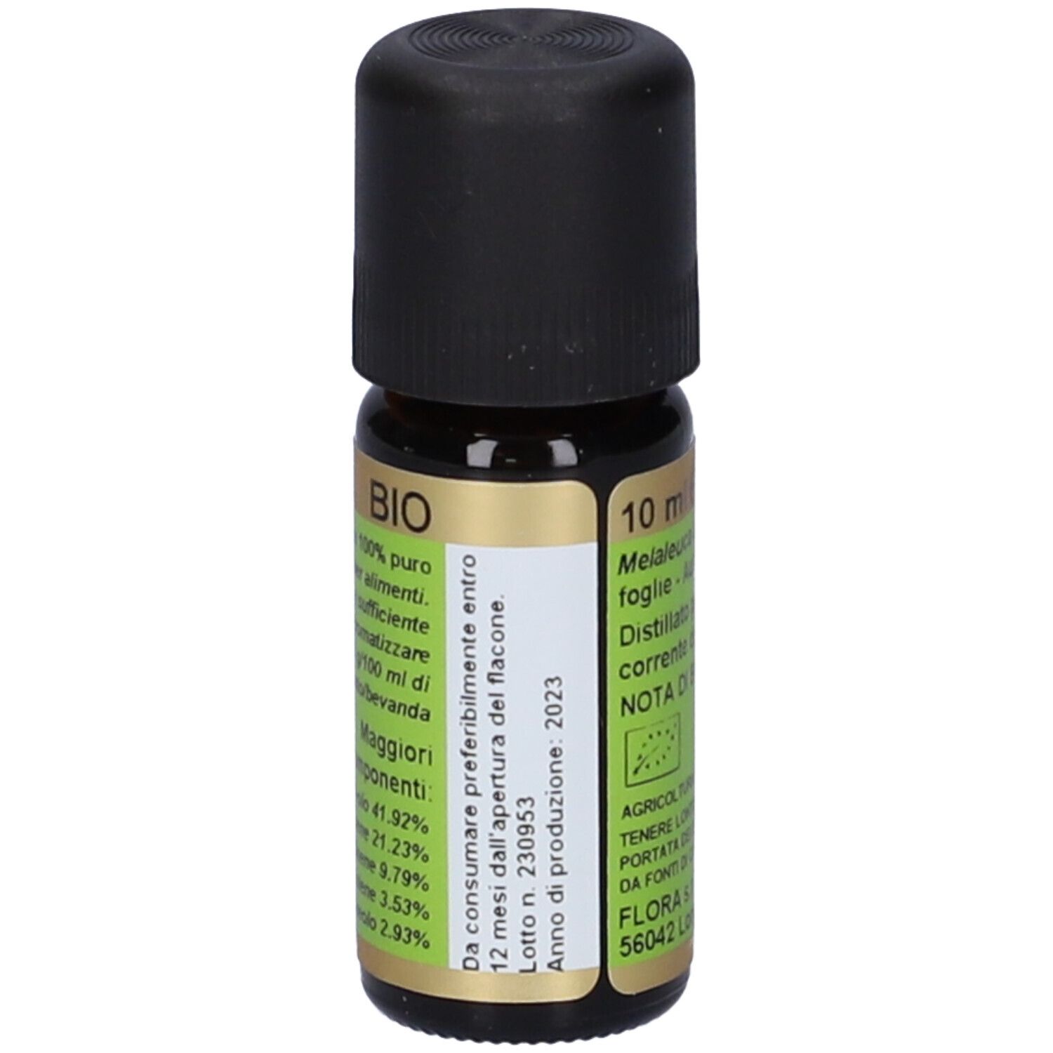 Flacone di vetro marrone con tappo nero ed etichetta verde. Scritta: BIO, 10 ml. Con informazioni e logo.