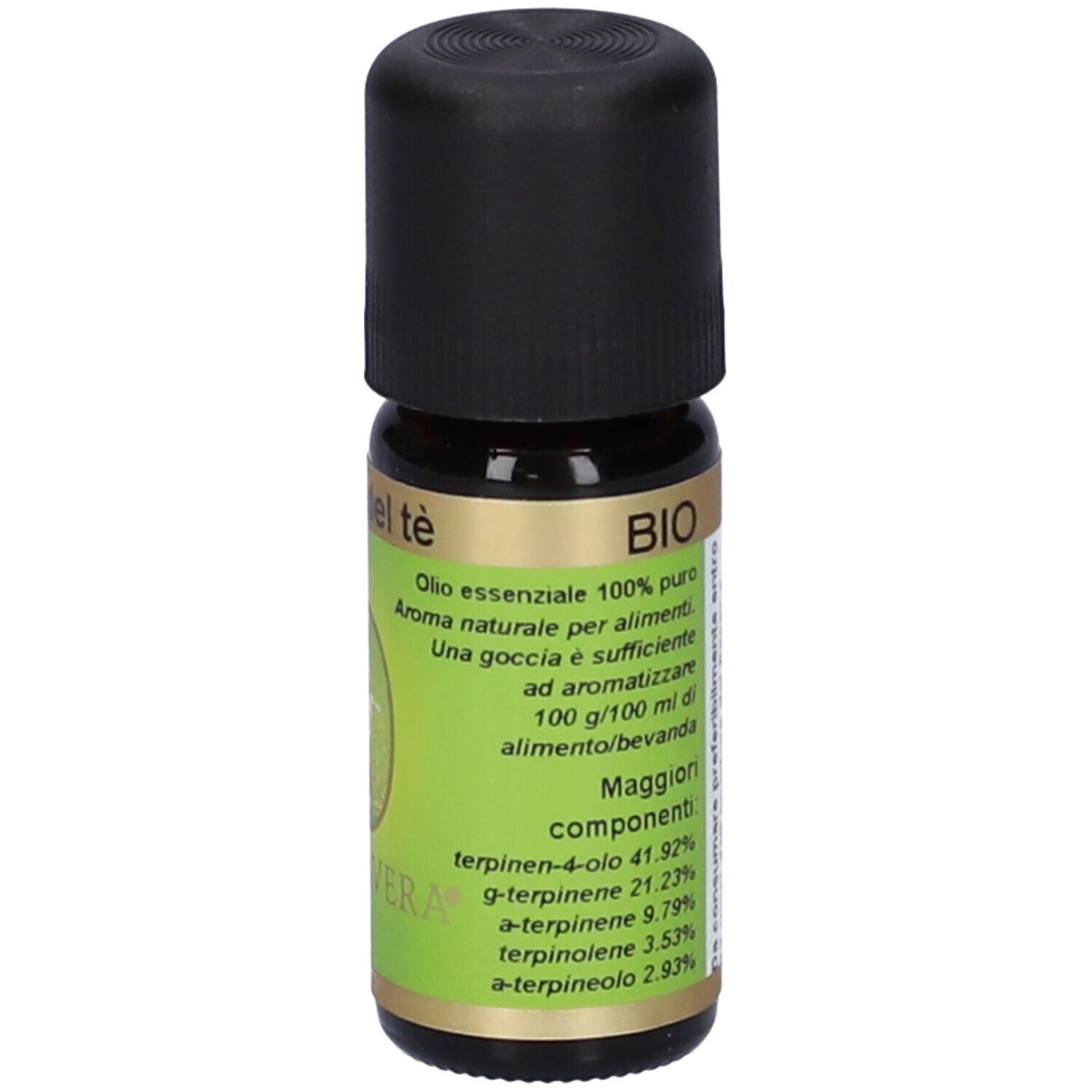 Flacone di vetro marrone con tappo nero ed etichetta verde. Scritta: Albero del tè, BIO. Con informazioni.