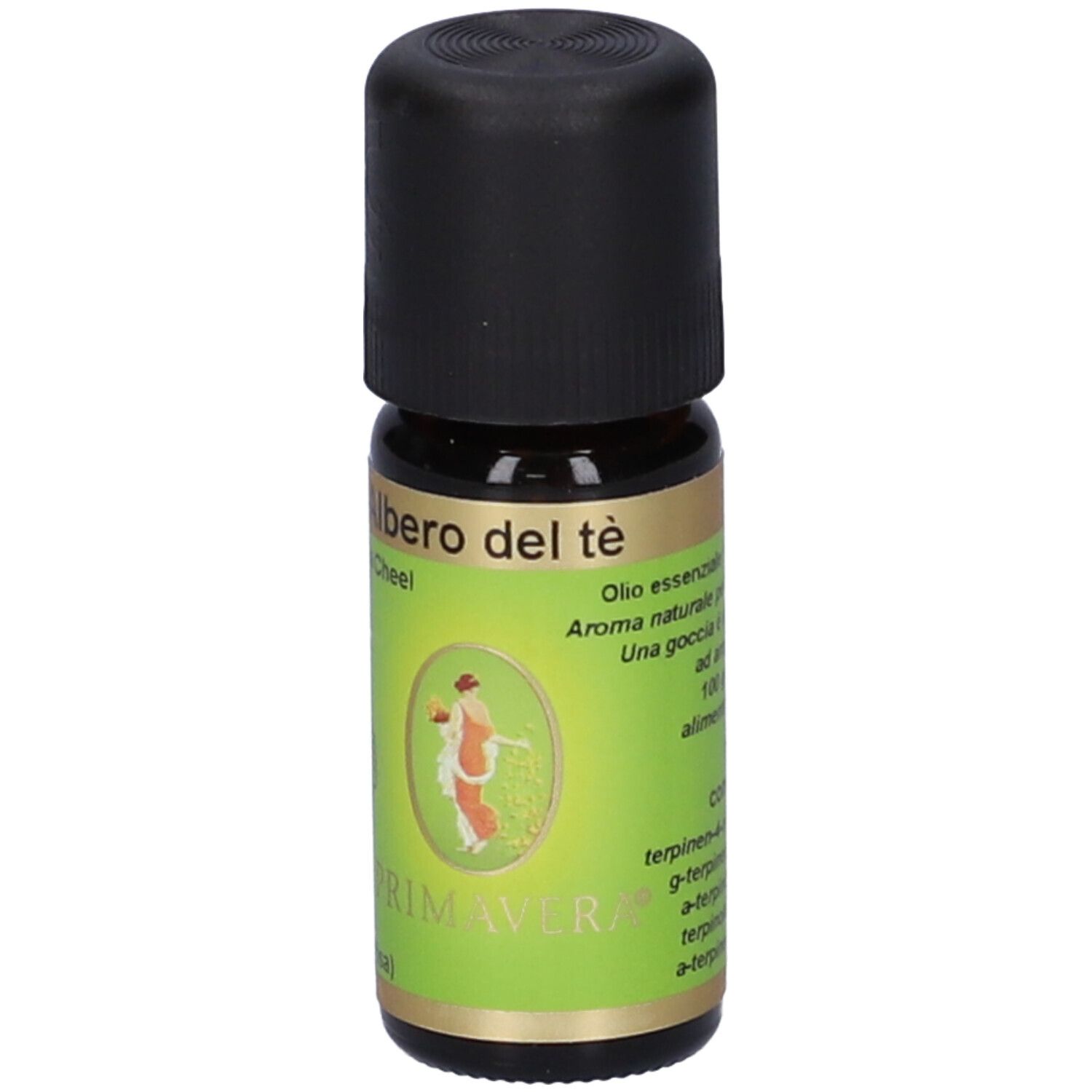 Flacone di vetro marrone con tappo nero ed etichetta verde. Scritta: Albero del tè, Primavera. Con logo.