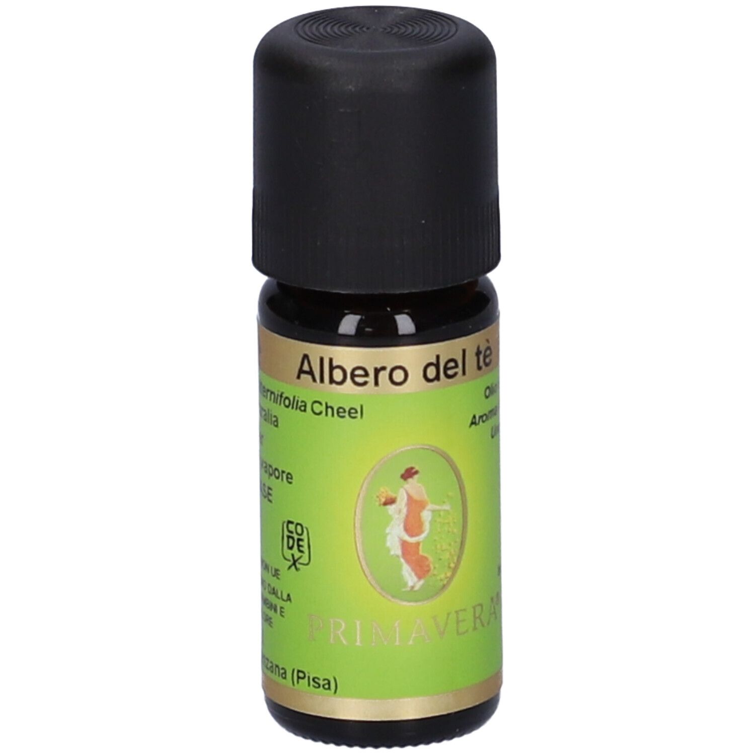 Flacone di vetro marrone con tappo nero ed etichetta verde. Scritta: Albero del tè, Primavera. Con logo.