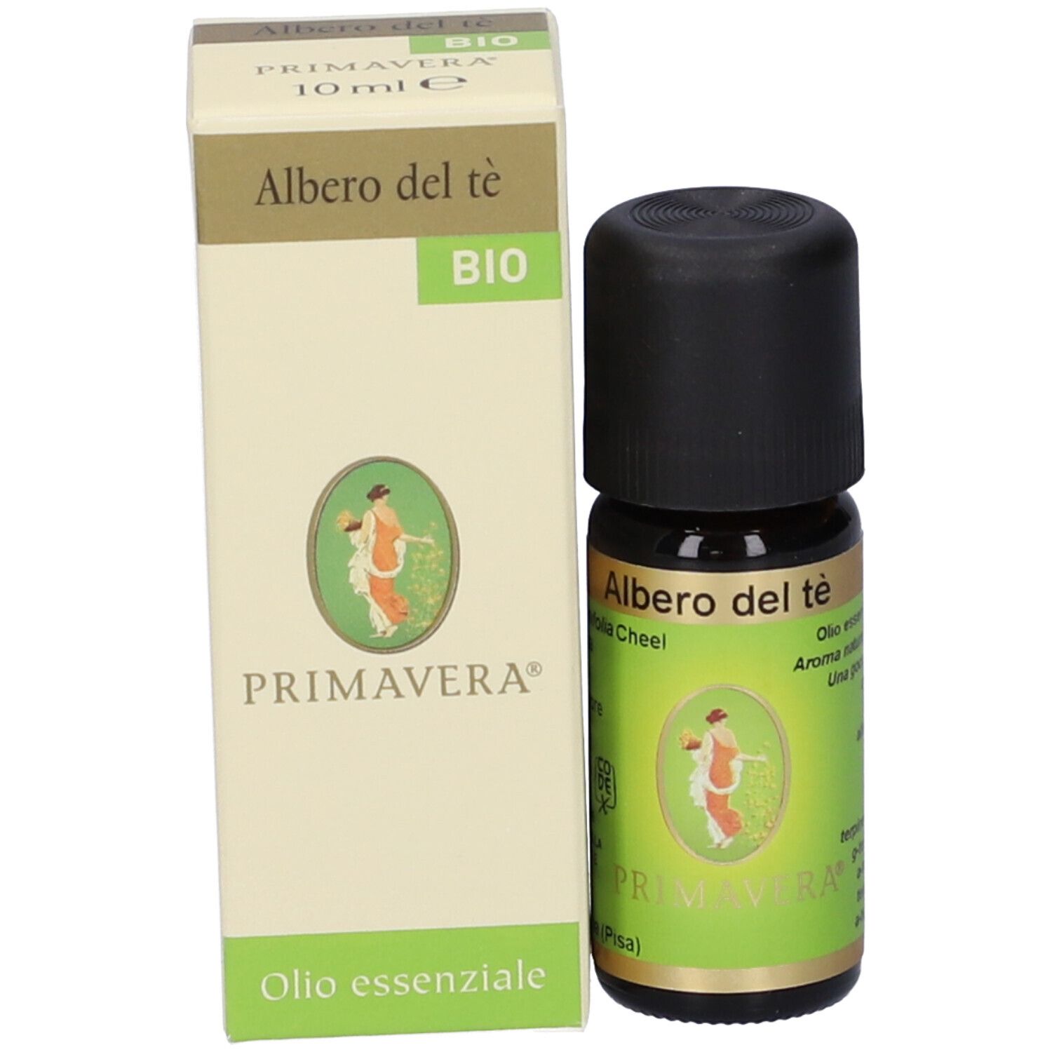Flacone di vetro marrone con tappo nero ed etichetta verde. Con confezione. Scritta: Albero del tè, Primavera, 10 ml.
