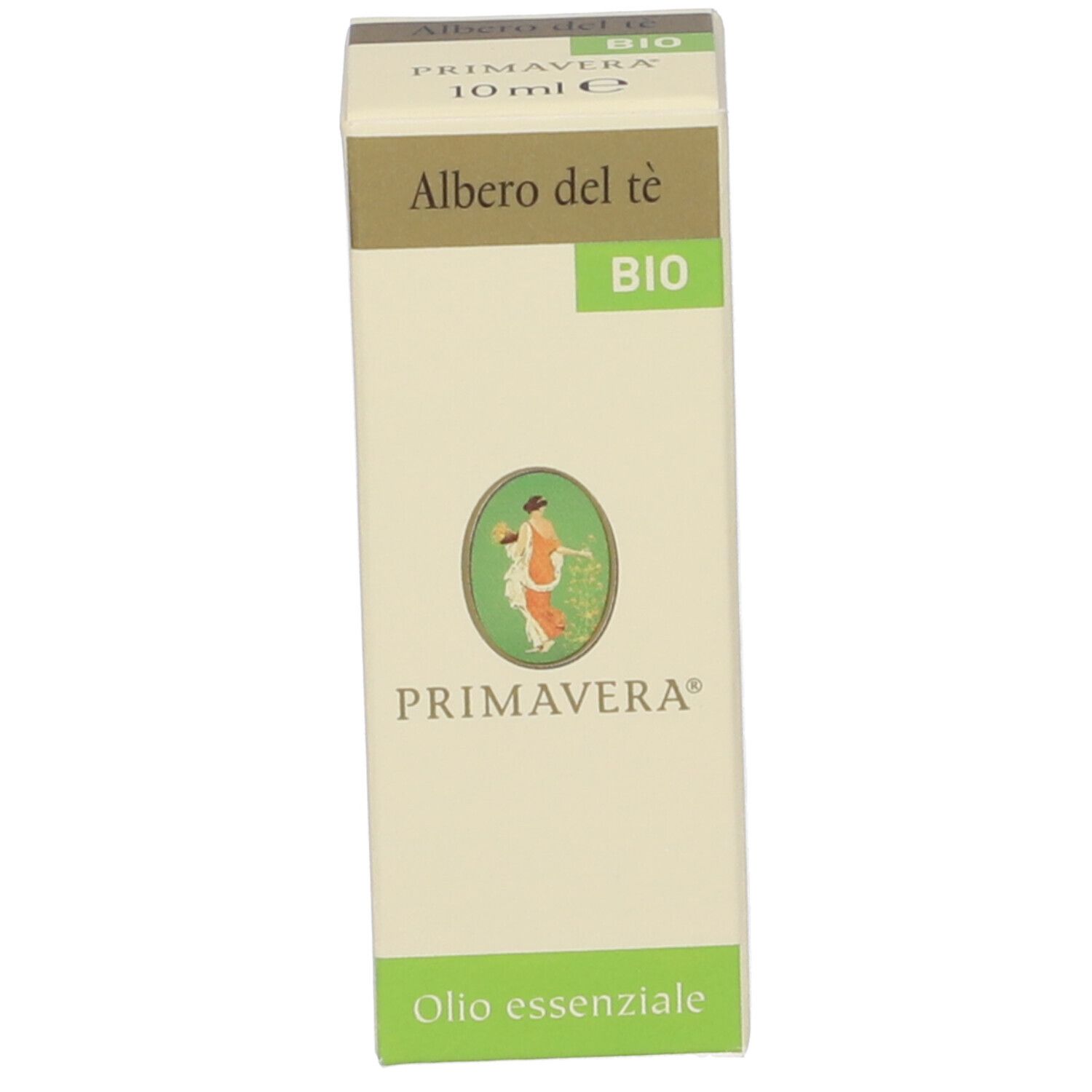 Confezione. Scritta: Albero del tè, BIO, Primavera, 10 ml. Con logo e testo.