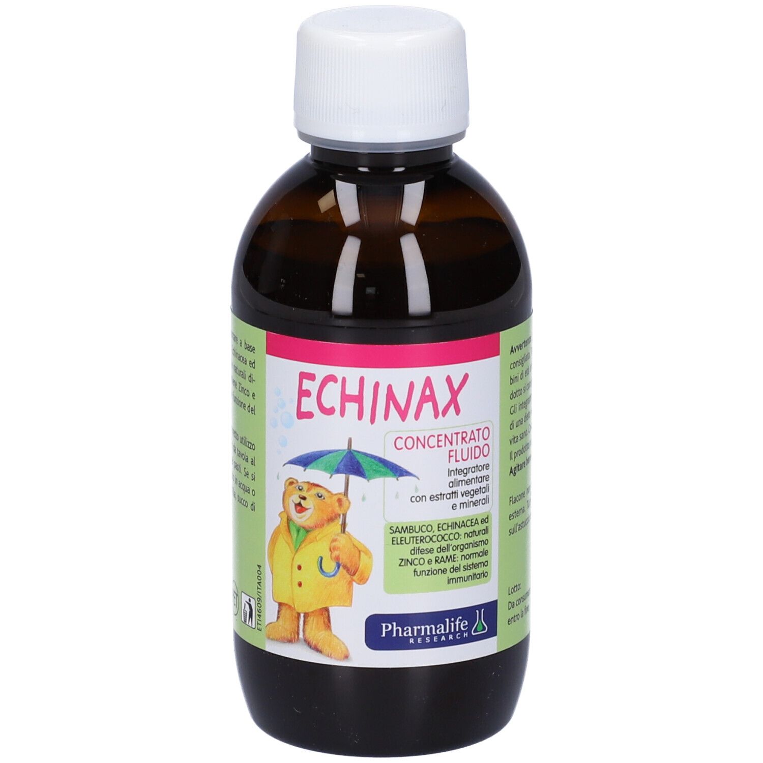 Bottiglia marrone con tappo bianco. Scritta: Echinax. Immagine di un orso con ombrello. Marchio: Pharmalife.