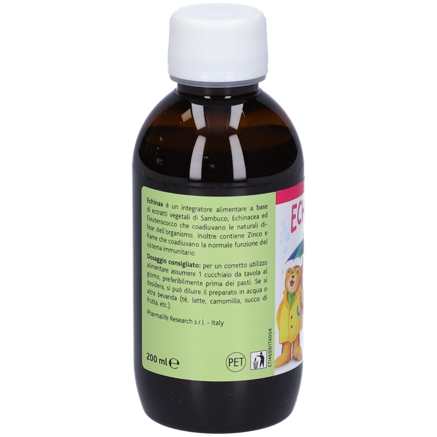 Bottiglia marrone con tappo bianco. Scritta: Echinax. Retro con testo. Marchio: Pharmalife. 200 ml.
