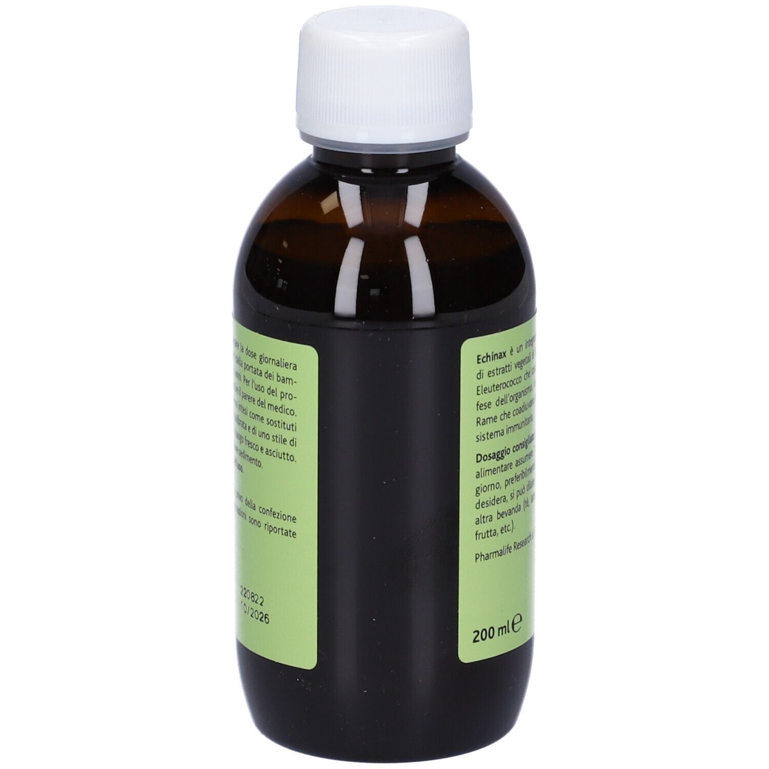 Bottiglia marrone con tappo bianco. Scritta: Echinax. Retro con testo. Marchio: Pharmalife. 200 ml.