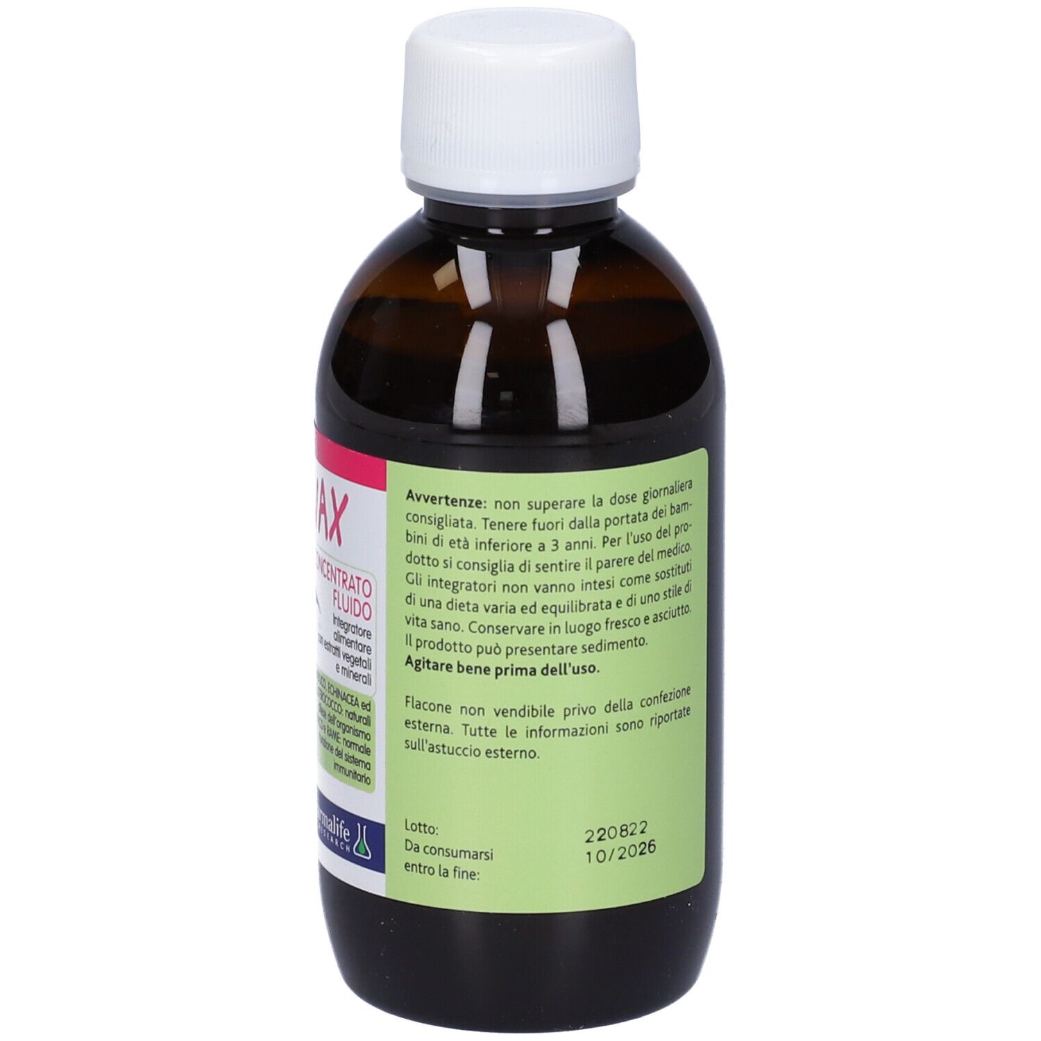 Bottiglia marrone con tappo bianco. Scritta: Echinax. Retro con testo. Marchio: Pharmalife. 200 ml.