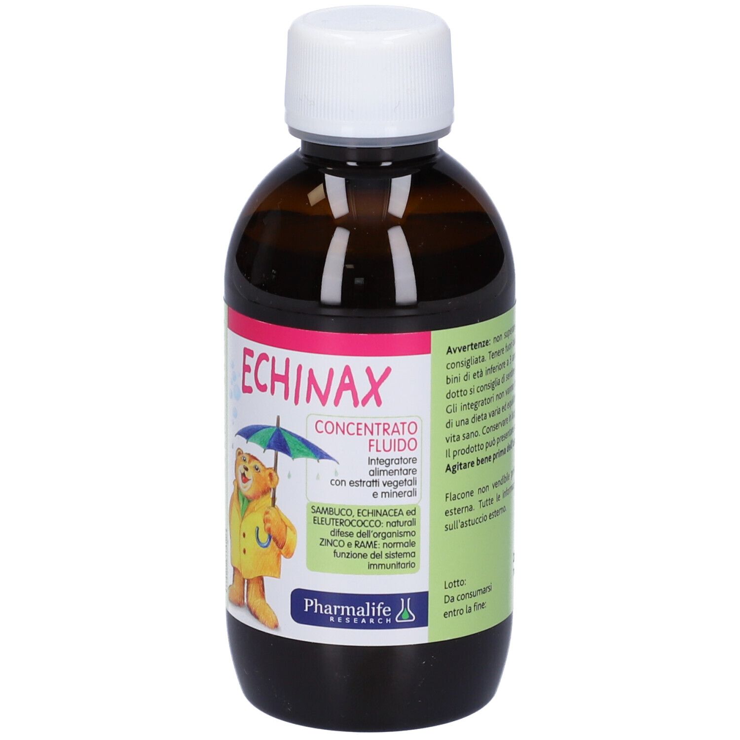 Bottiglia marrone con tappo bianco. Scritta: Echinax. Retro con testo. Marchio: Pharmalife. 200 ml.