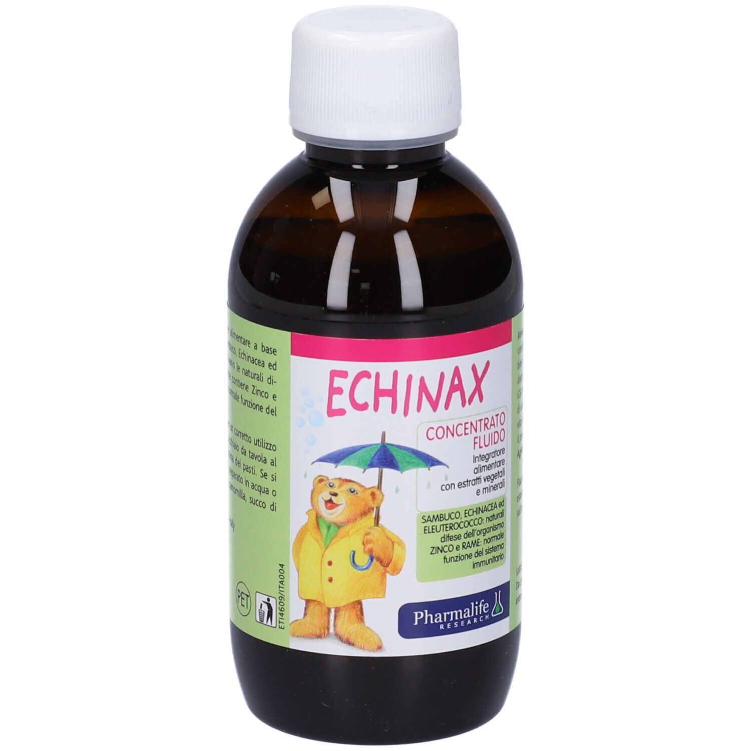 Bottiglia marrone con tappo bianco. Scritta: Echinax. Retro con testo. Marchio: Pharmalife. 200 ml.