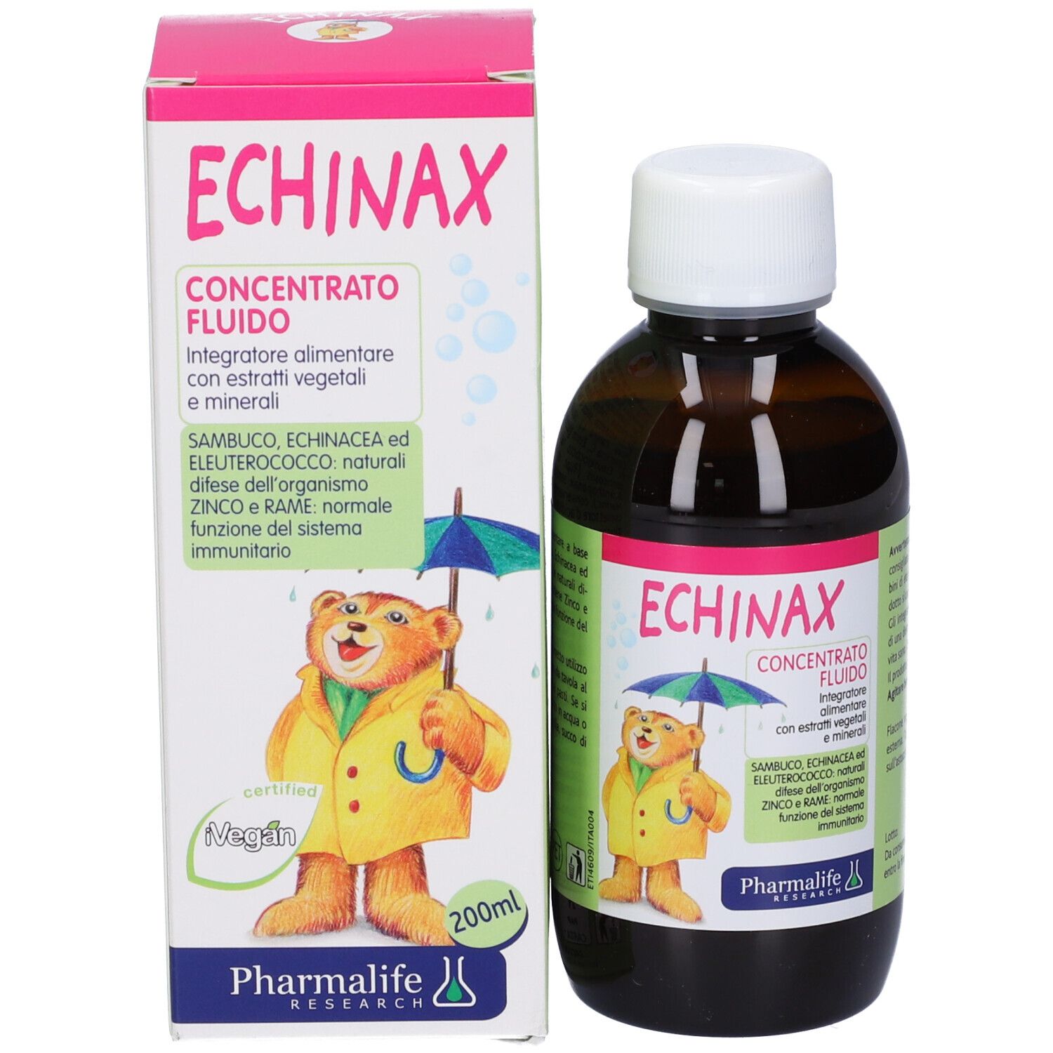 Bottiglia e scatola marroni. Scritta: Echinax. Immagine di un orso con ombrello. Marchio: Pharmalife. 200 ml.
