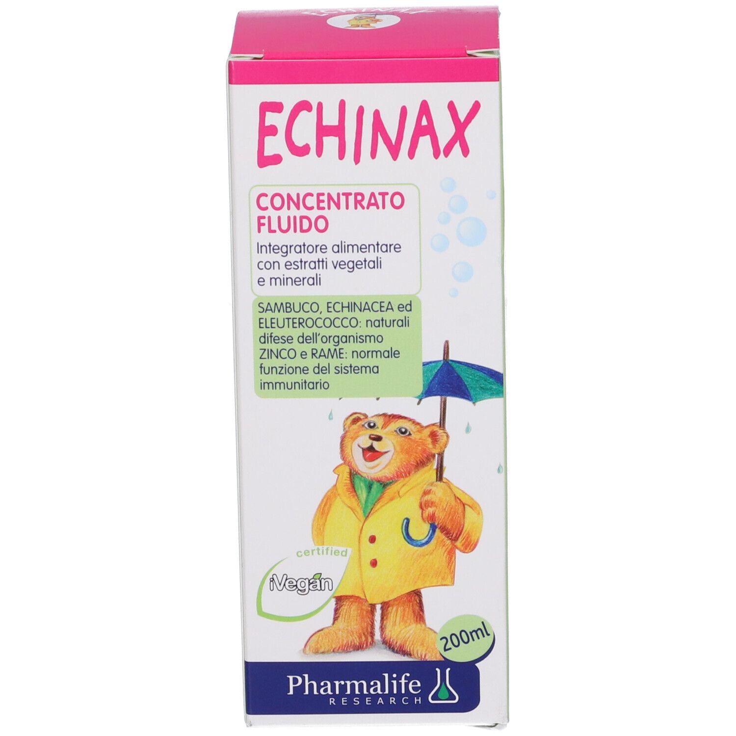 Scatola. Scritta: Echinax. Immagine di un orso con ombrello. Marchio: Pharmalife. 200 ml. Vegano.