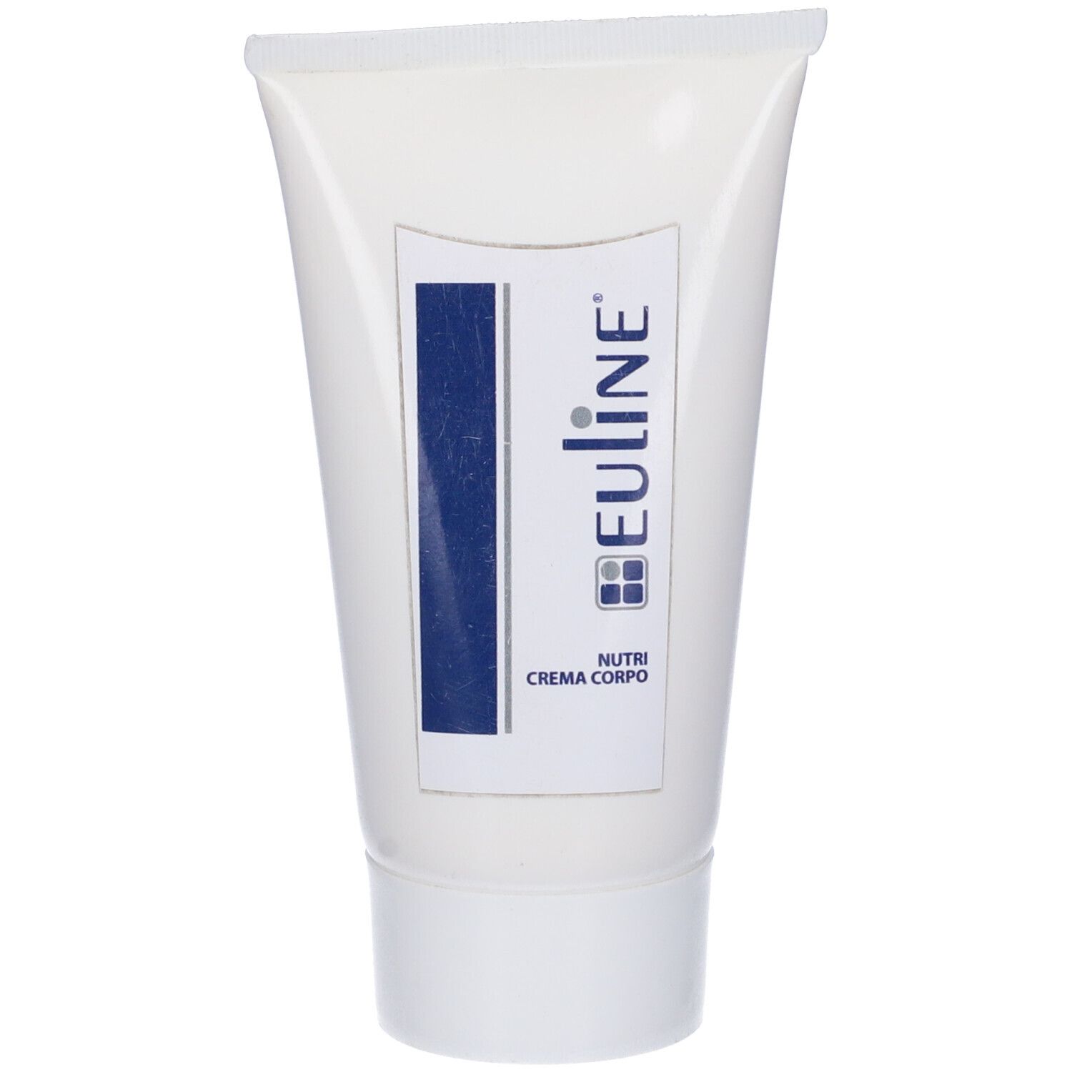 Tubo bianco con striscia blu. Scritta Euline, Nutri Crema Corpo.