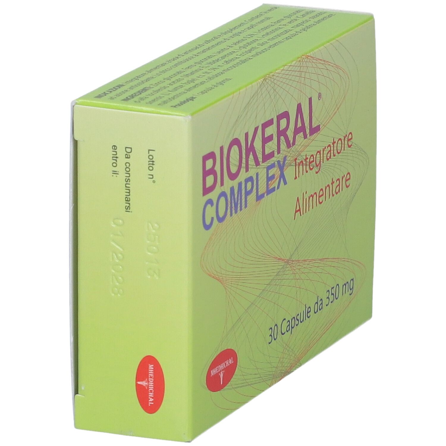Scatola "Biokeral Complex". Vista laterale. Confezione verde con testo e logo. Contiene 30 capsule.