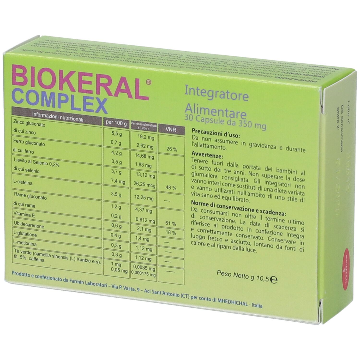 Scatola "Biokeral Complex". Retro con informazioni nutrizionali e avvertenze. Confezione verde.