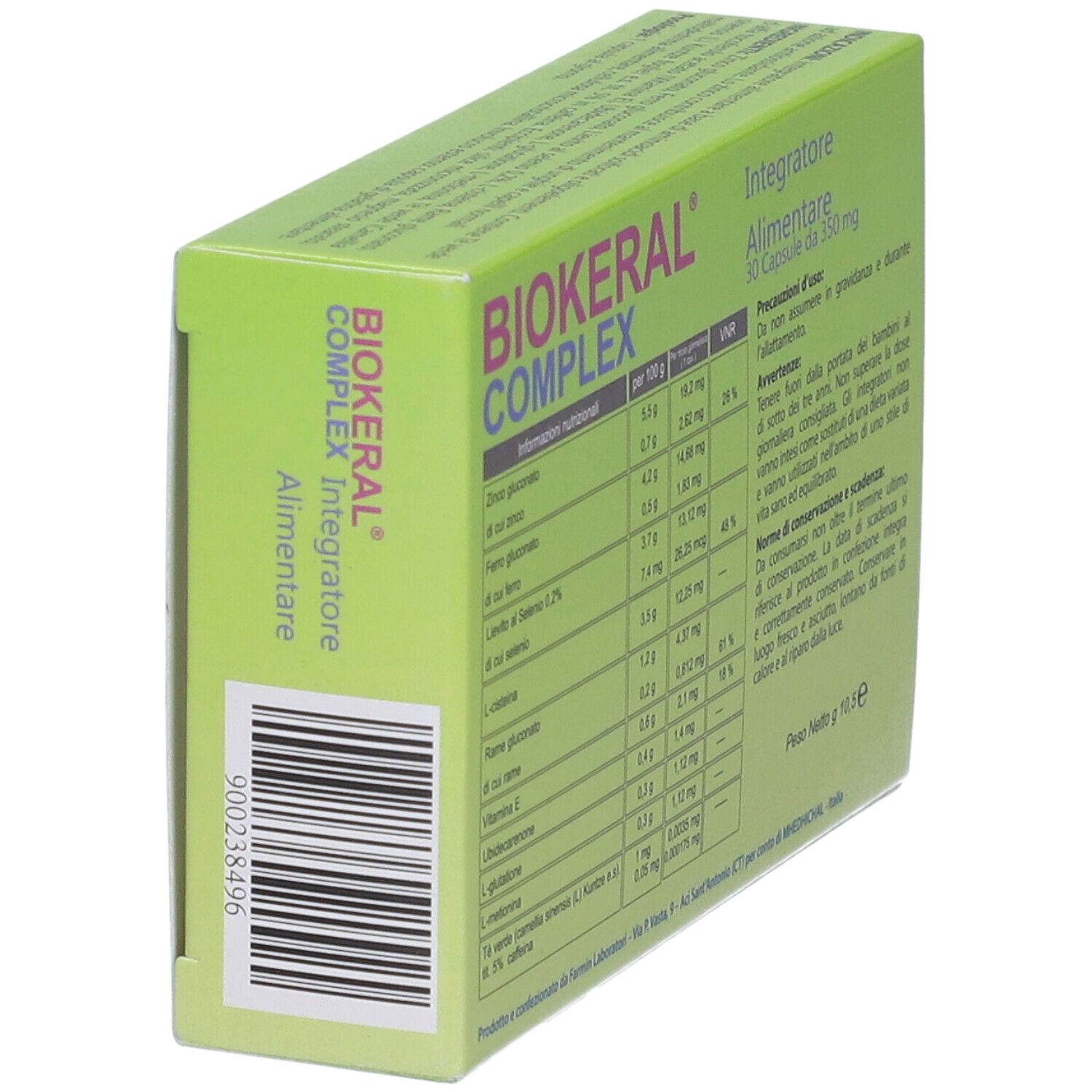 Scatola "Biokeral Complex". Vista laterale con informazioni nutrizionali. Confezione verde con testo.