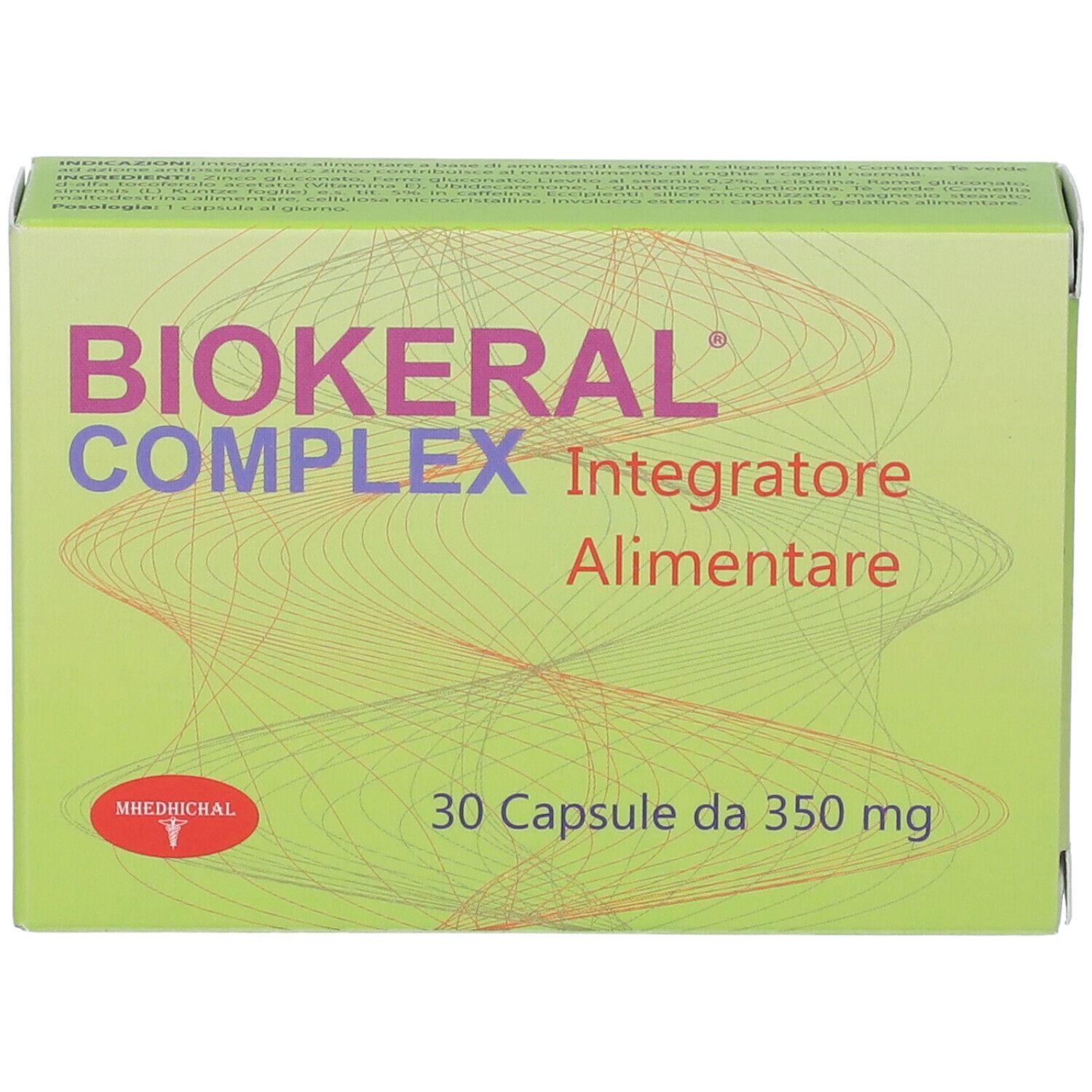 Scatola "Biokeral Complex". Contiene 30 capsule. Confezione verde con testo e logo.