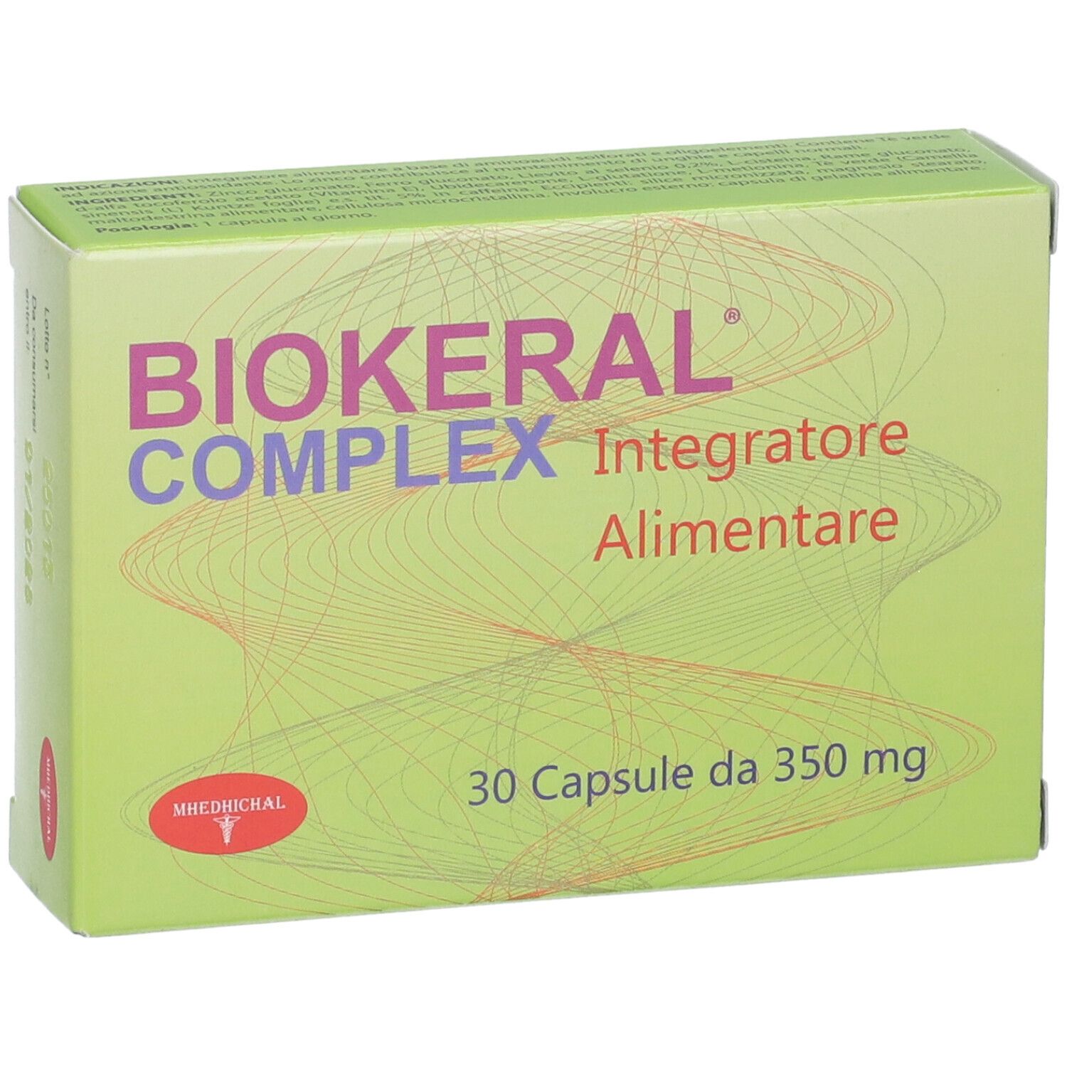 Scatola "Biokeral Complex". Contiene 30 capsule. Confezione verde con testo e logo.