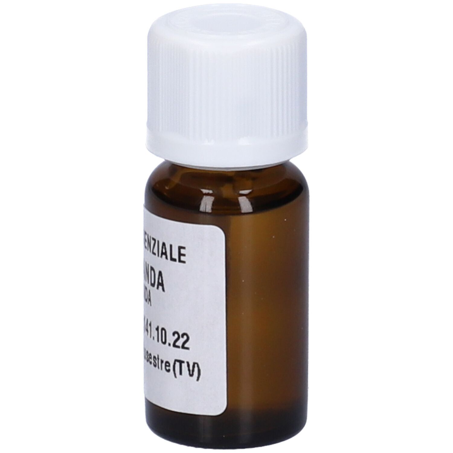 Flacone di vetro marrone con tappo bianco. Etichetta con testo: Olio Essenziale Lavanda Ibrida. 12ml.