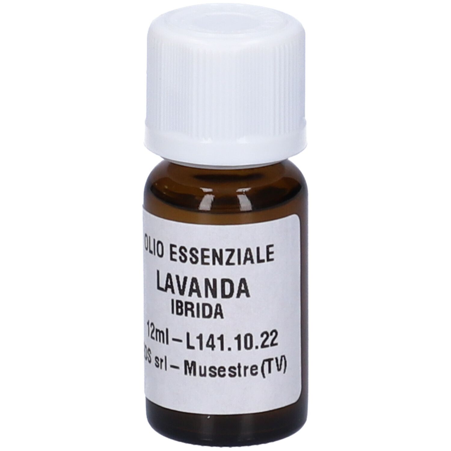 Flacone di vetro marrone con tappo bianco. Etichetta con testo: Olio Essenziale Lavanda Ibrida. 12ml.