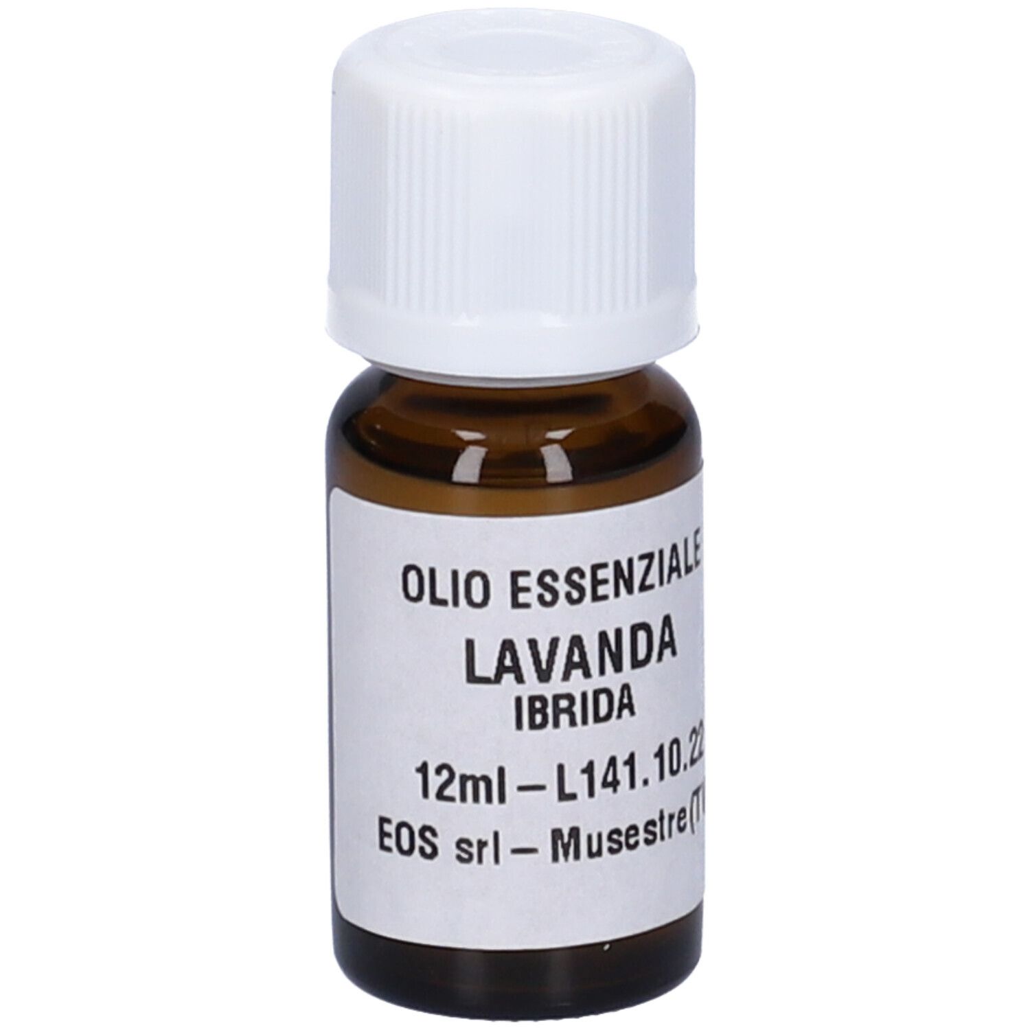 Flacone di vetro marrone con tappo bianco. Etichetta con testo: Olio Essenziale Lavanda Ibrida. 12ml.
