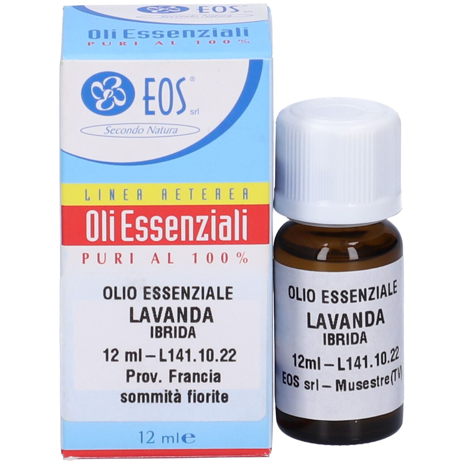 Flacone di vetro marrone con tappo bianco e scatola. Sulla scatola: EOS, Olio Essenziali, Lavanda Ibrida, 12ml.