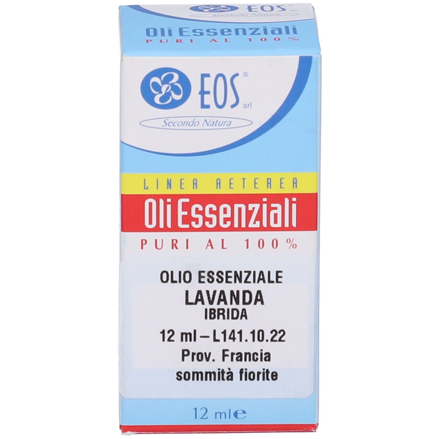 Scatola con testo: EOS, Olio Essenziali, Lavanda Ibrida, 12ml.