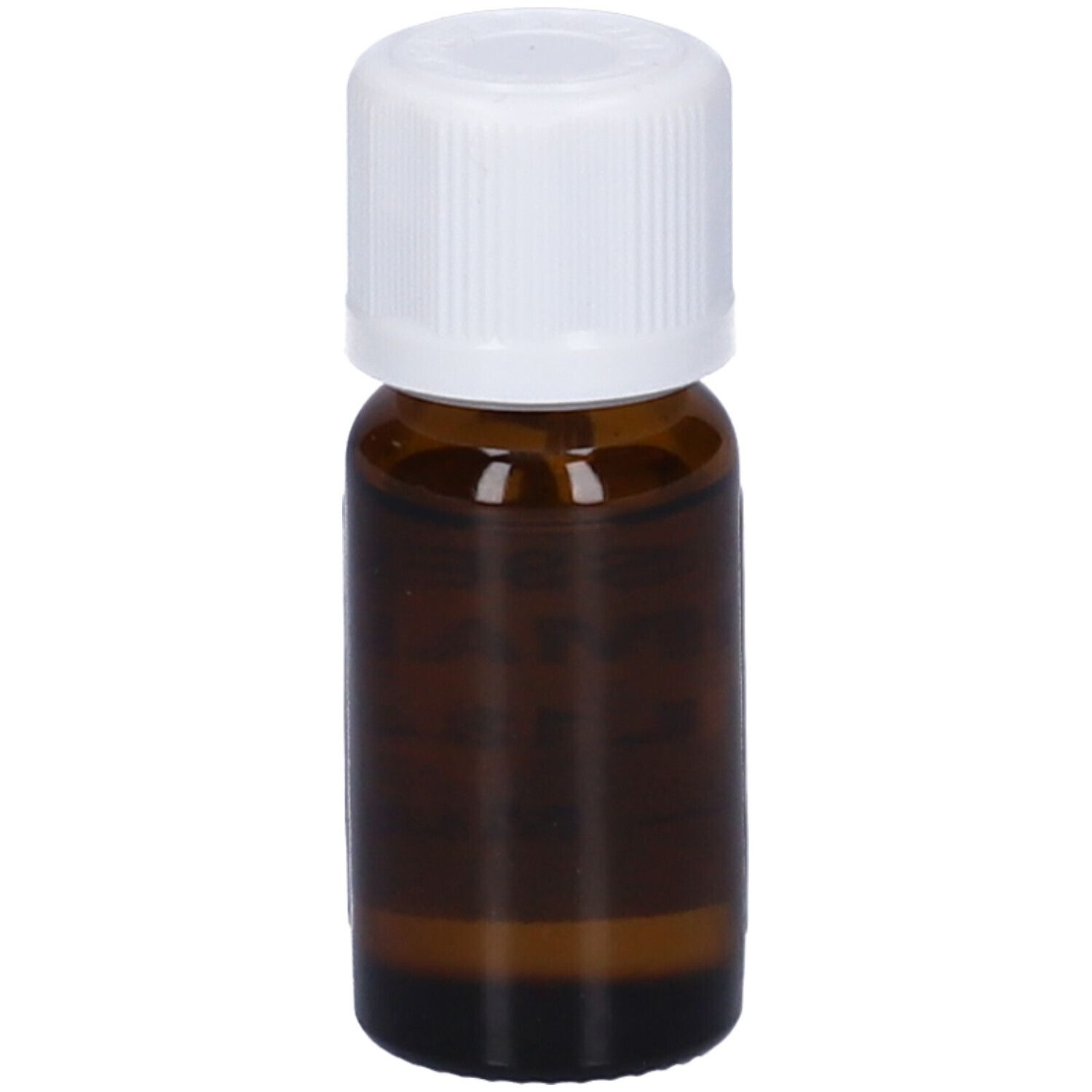 Flacone in vetro marrone con tappo bianco. Etichetta con informazioni sul prodotto. Scritto: Rosmarino, 12 ml. Nome e volume.