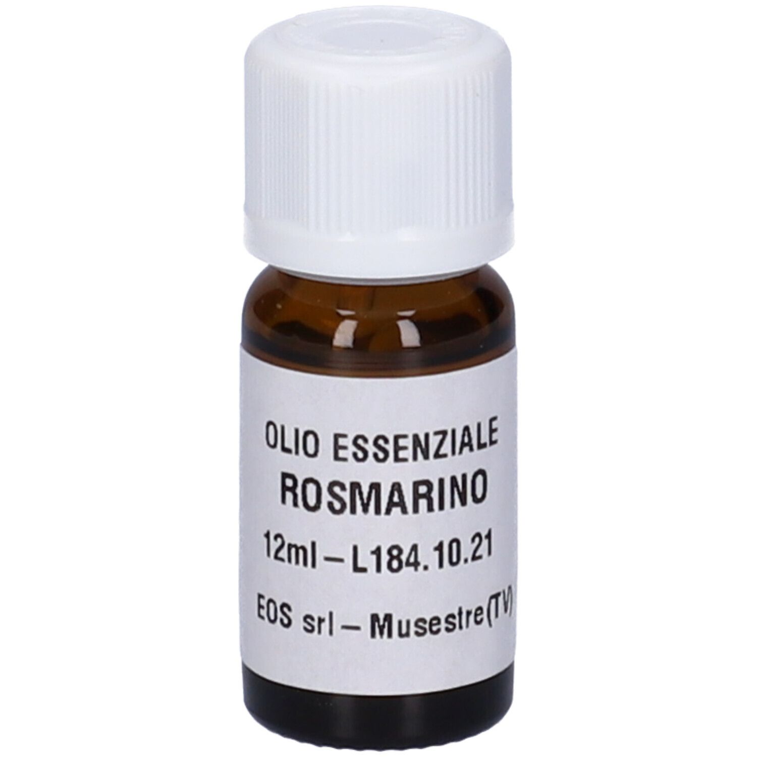 Flacone in vetro marrone con tappo bianco ed etichetta. Scritto: Rosmarino, 12 ml. Nome e volume del prodotto.