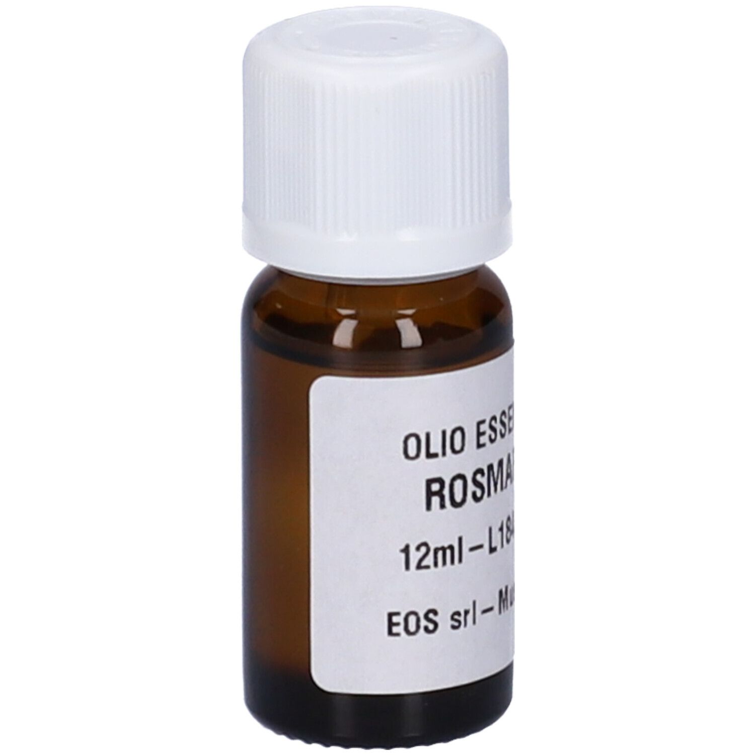 Flacone in vetro marrone con tappo bianco ed etichetta. Scritto: Rosmarino, 12 ml. Nome e volume del prodotto.